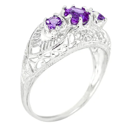 AMETHYST STERLING SILVER VINTAGE STYLE RING 3 STONE ART DECO FILIGREE PURPLE