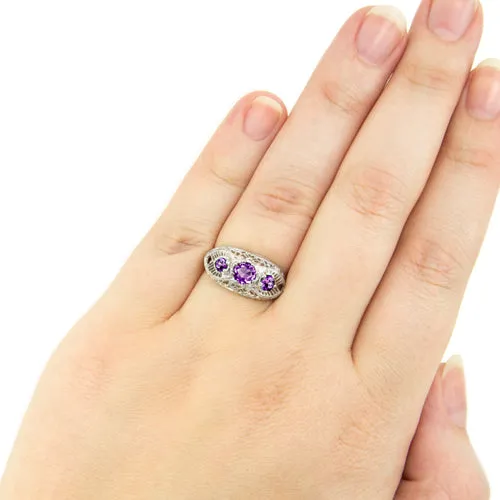 AMETHYST STERLING SILVER VINTAGE STYLE RING 3 STONE ART DECO FILIGREE PURPLE