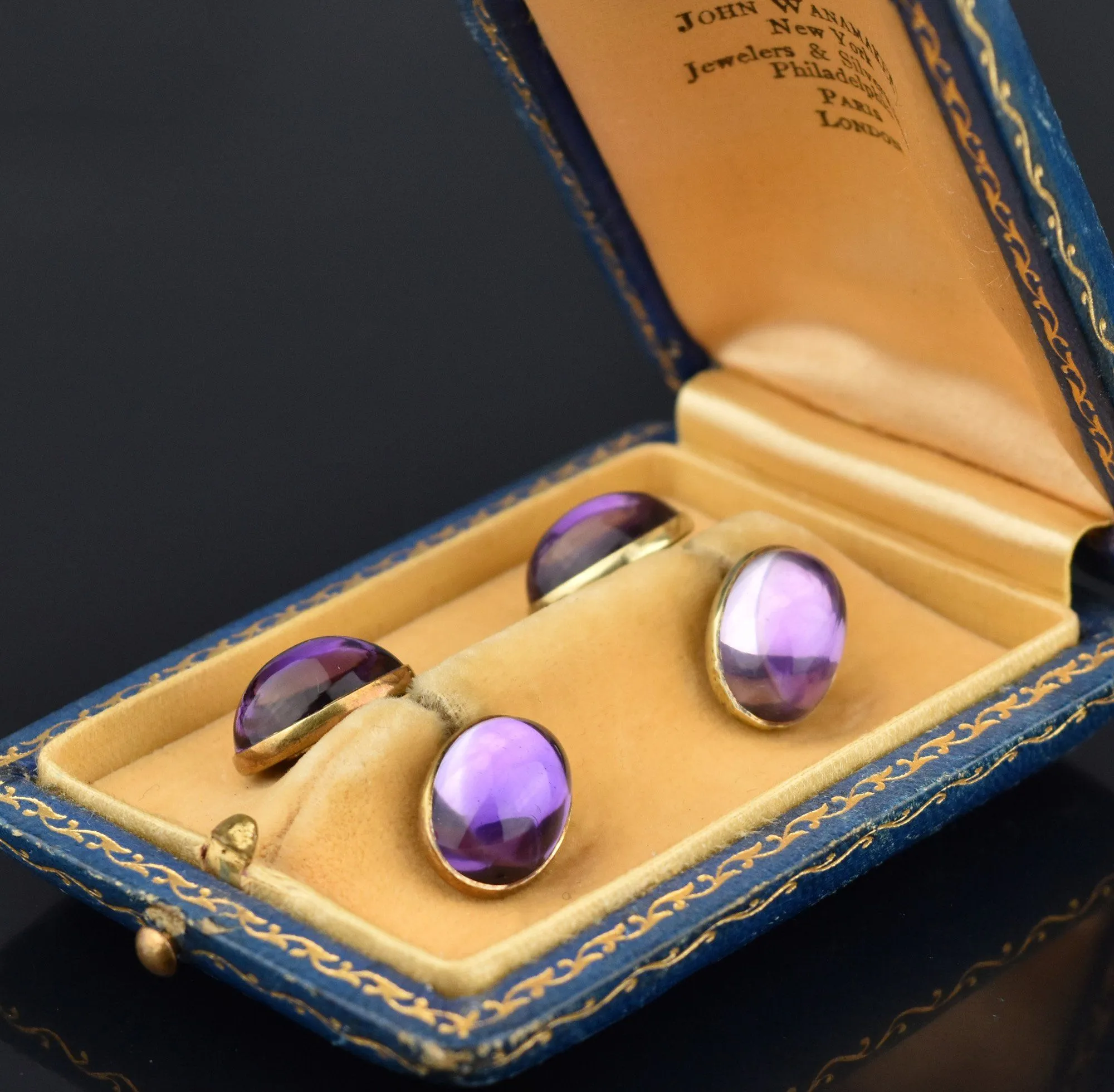 Antique 14K Gold 1920s Amethyst Cufflinks, Original Case