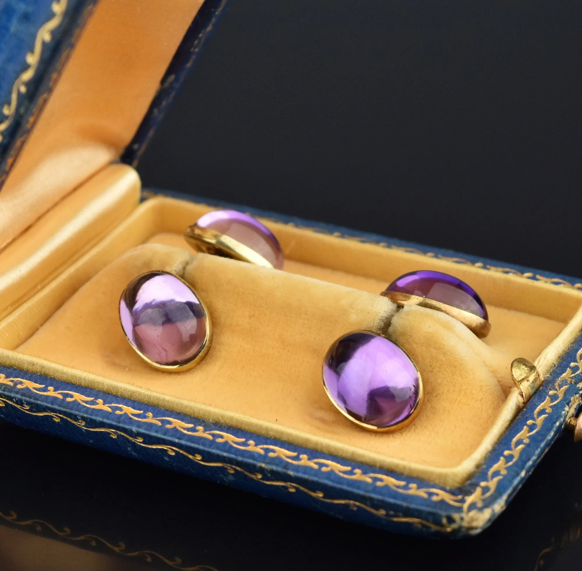 Antique 14K Gold 1920s Amethyst Cufflinks, Original Case