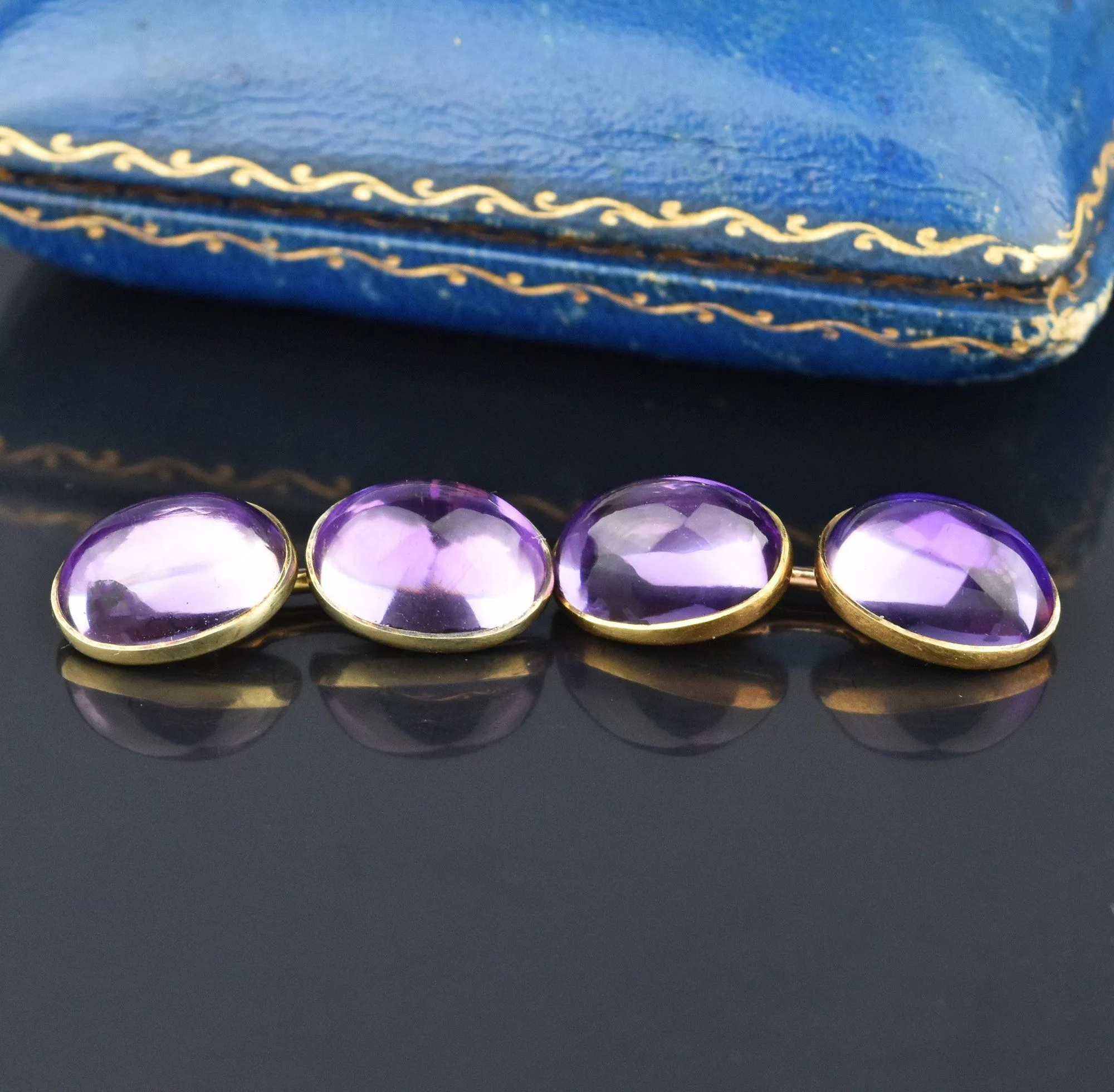 Antique 14K Gold 1920s Amethyst Cufflinks, Original Case