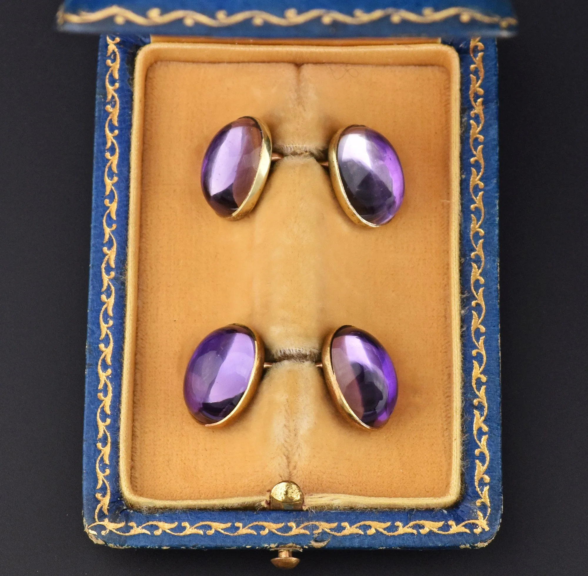 Antique 14K Gold 1920s Amethyst Cufflinks, Original Case