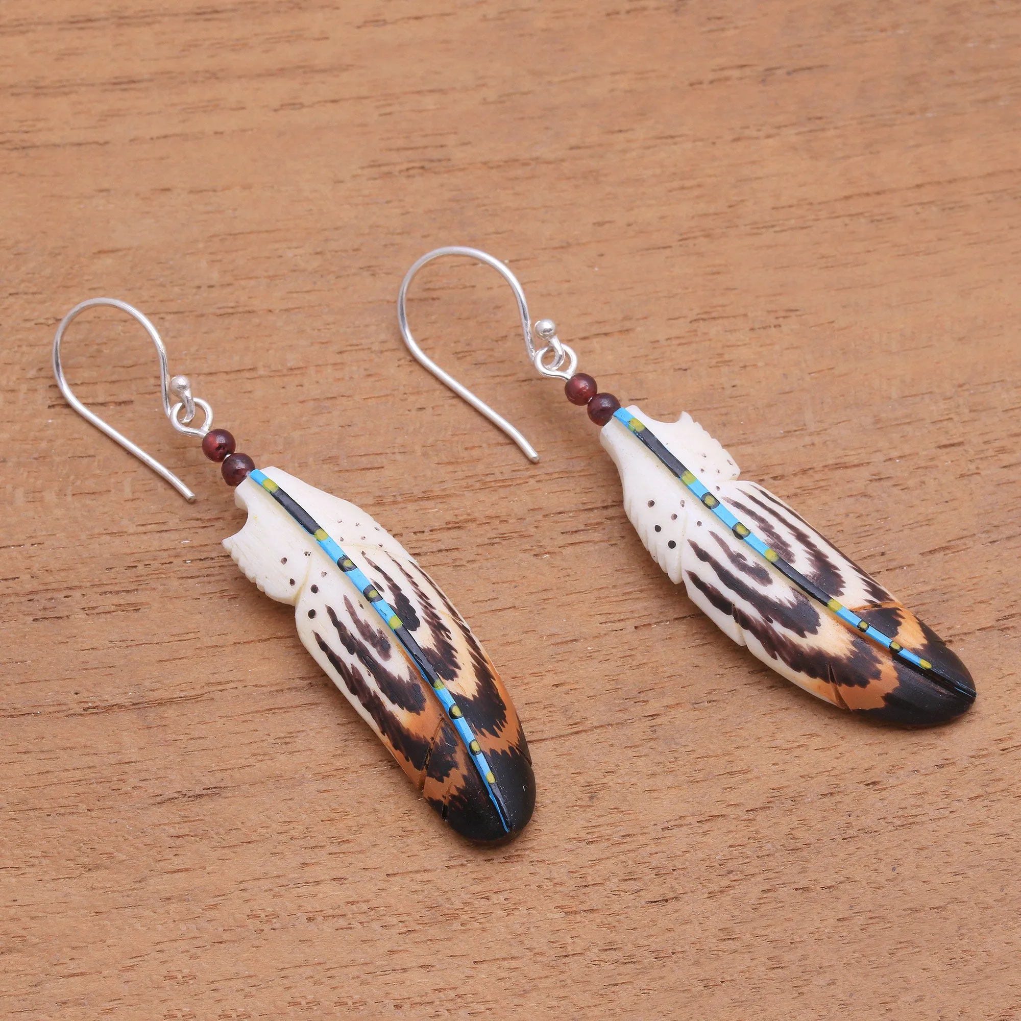 Antique Feathers Hand-Painted Bone and Amethyst Feather Dangle Earrings