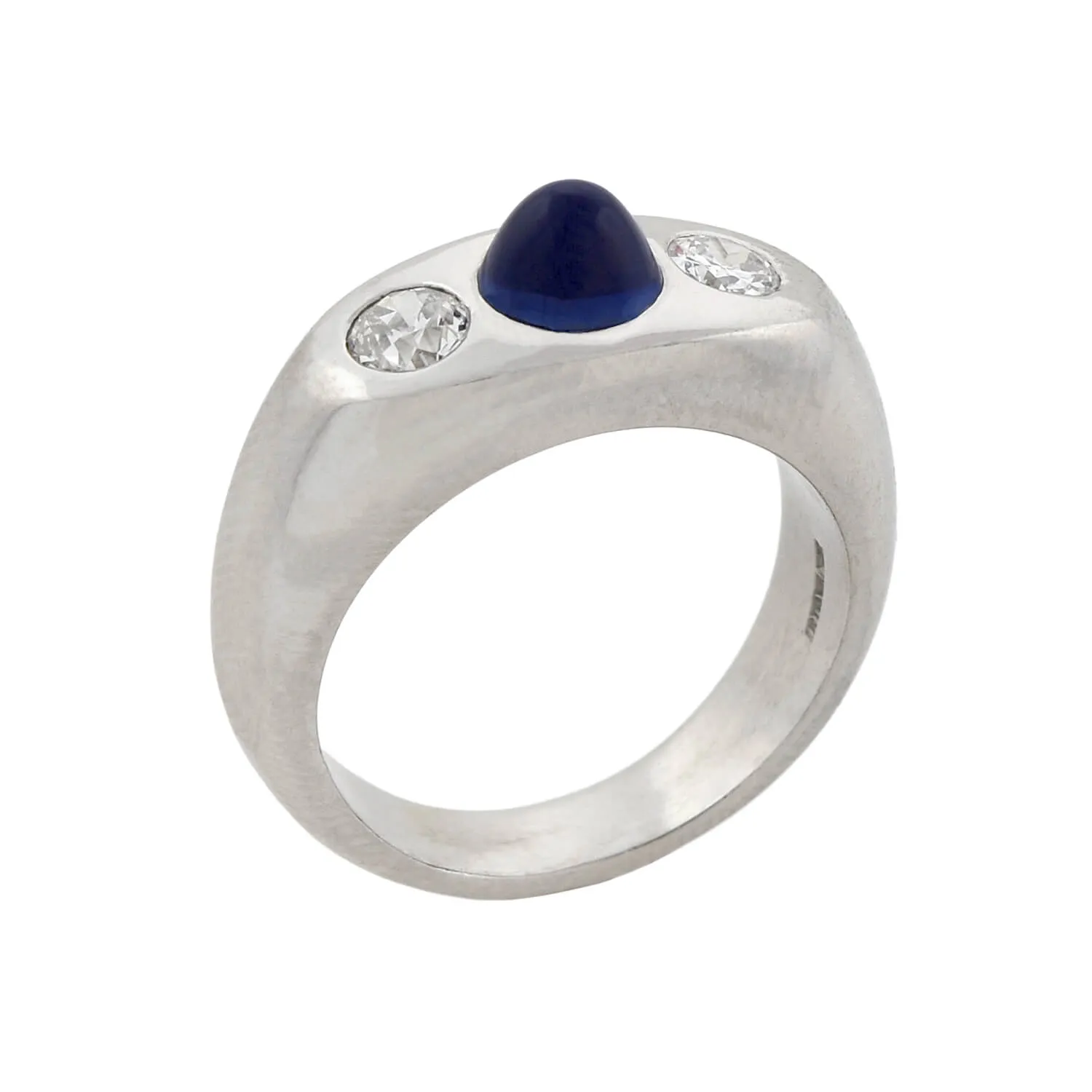 Art Deco Platinum 3-Stone Diamond   Bullet Cabochon Sapphire Ring