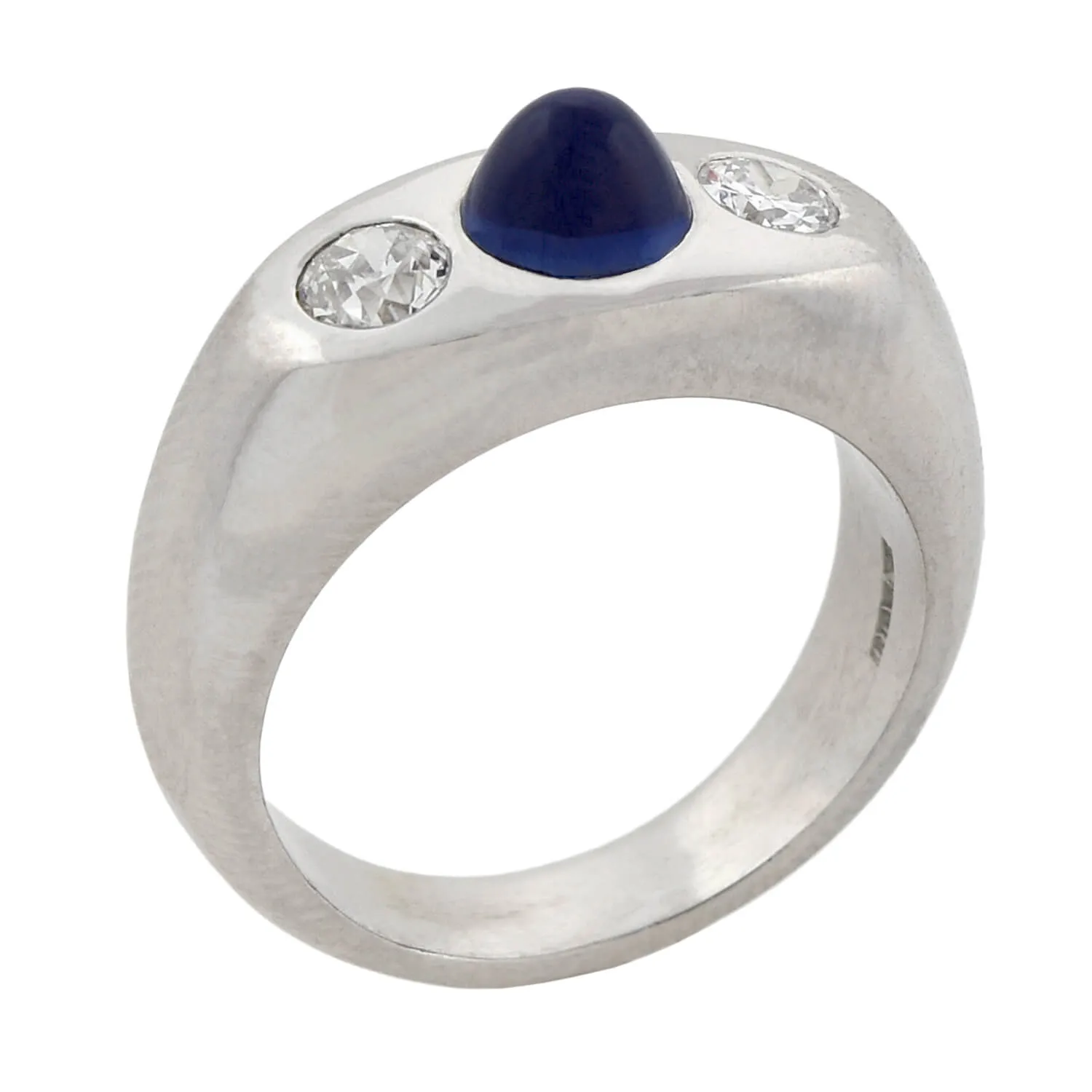 Art Deco Platinum 3-Stone Diamond   Bullet Cabochon Sapphire Ring