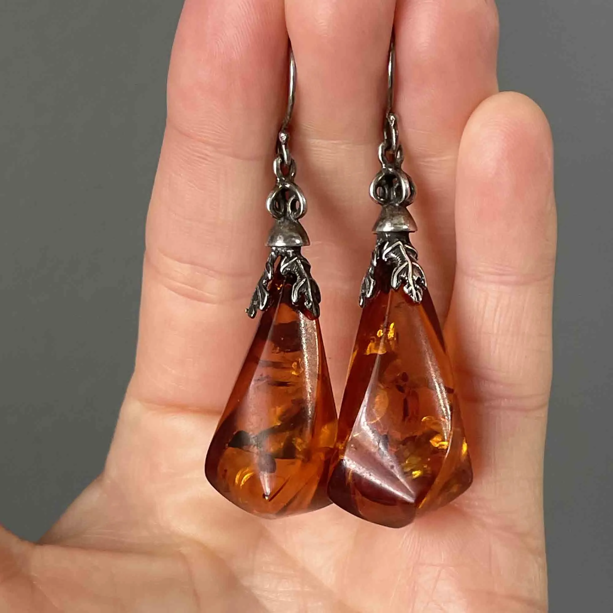 Art Nouveau Style Large Silver Baltic Amber Earrings