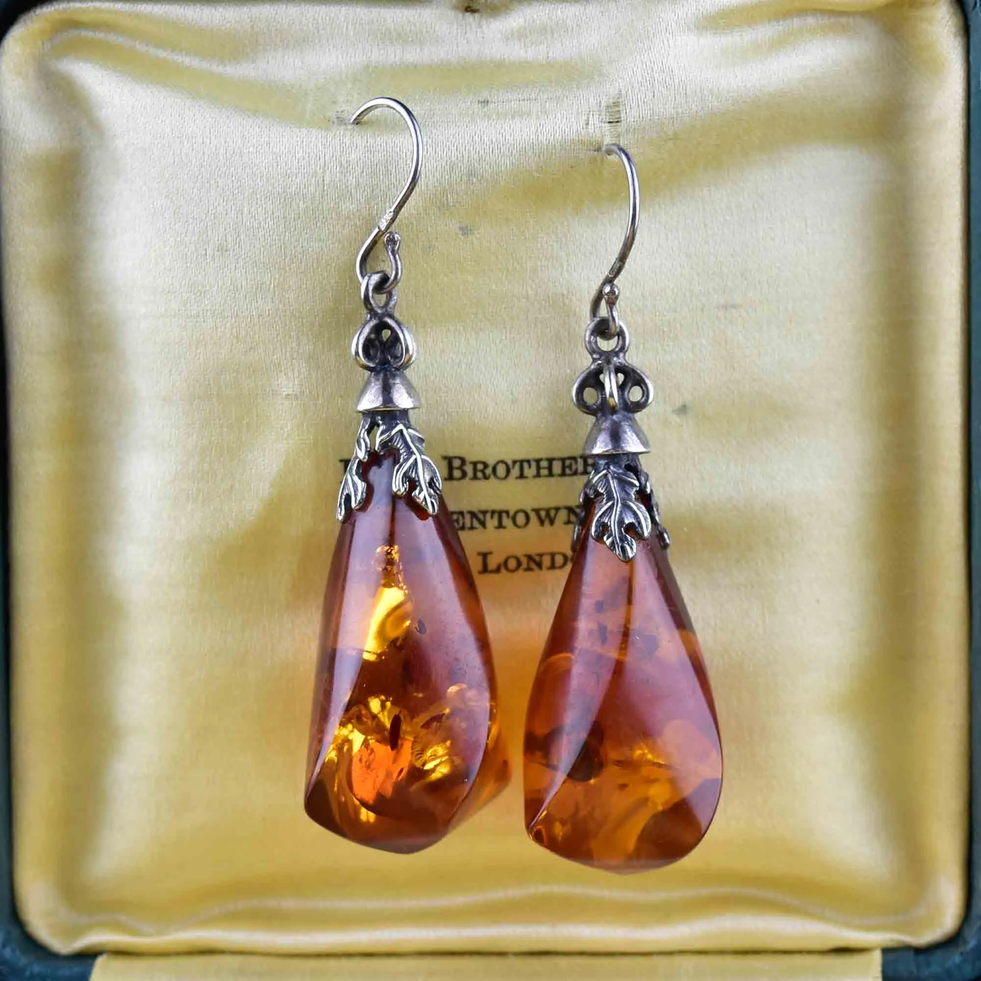 Art Nouveau Style Large Silver Baltic Amber Earrings