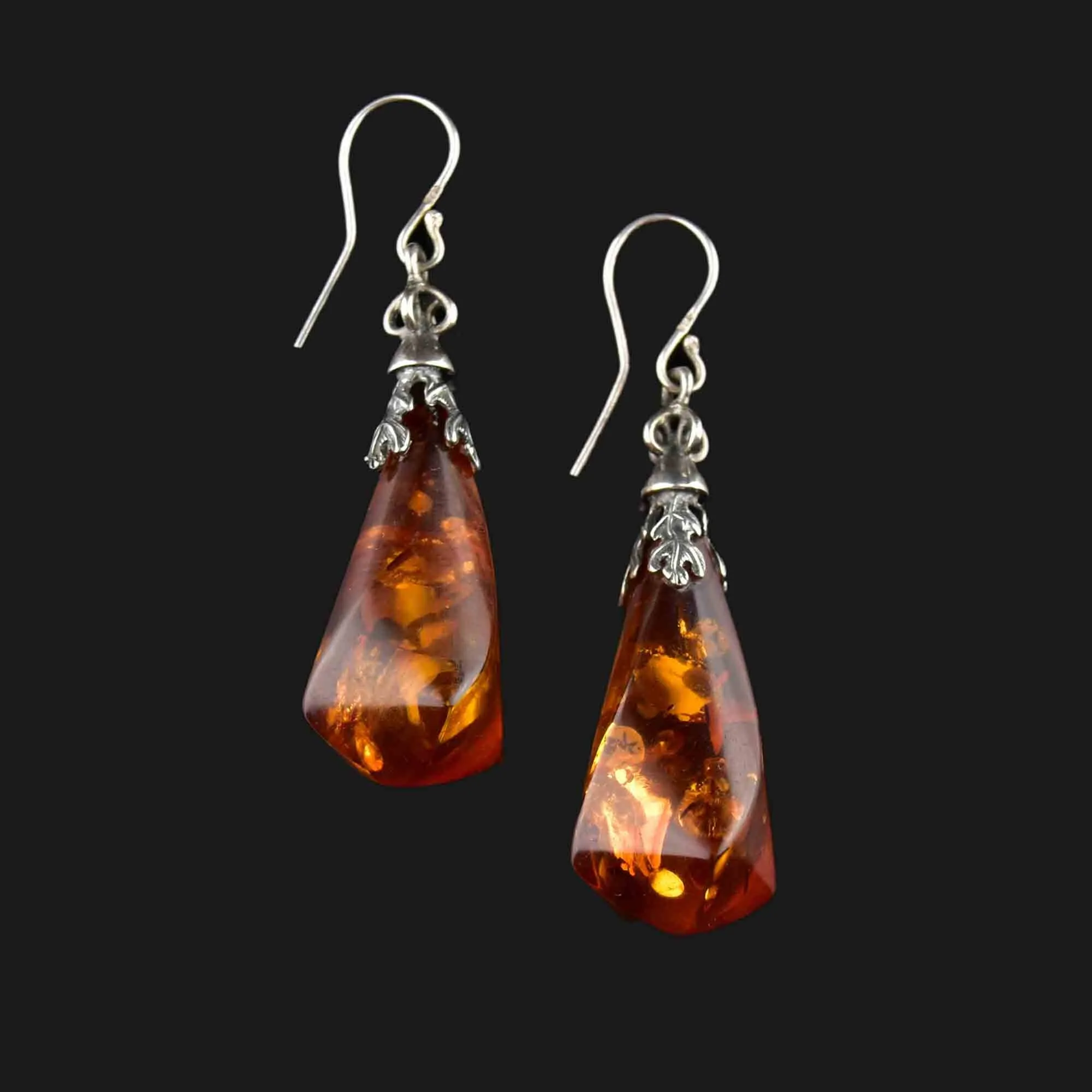 Art Nouveau Style Large Silver Baltic Amber Earrings