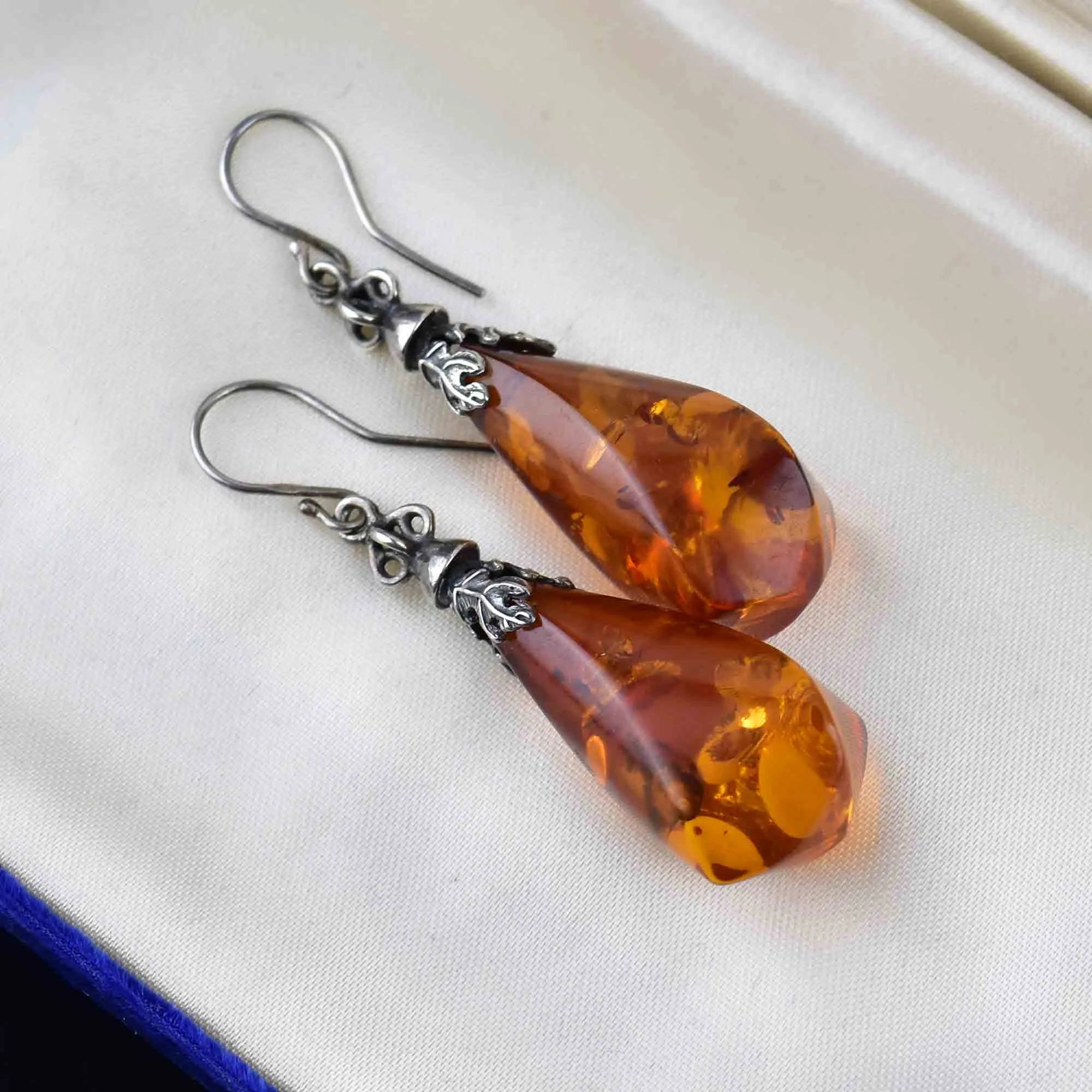 Art Nouveau Style Large Silver Baltic Amber Earrings