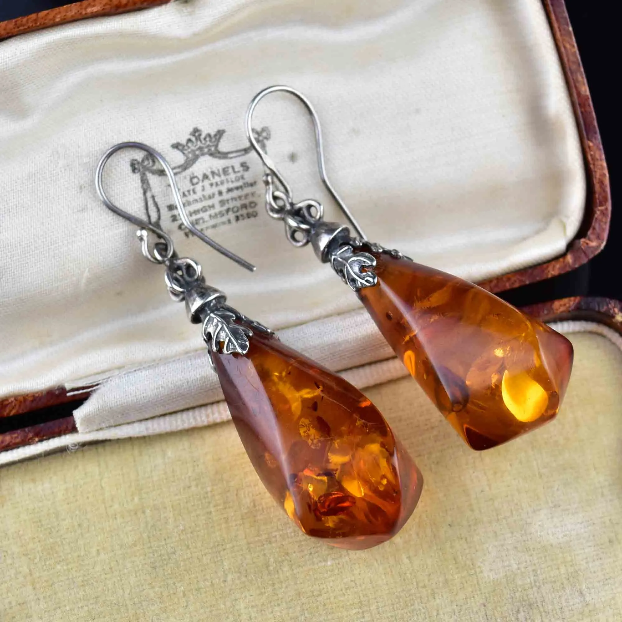 Art Nouveau Style Large Silver Baltic Amber Earrings