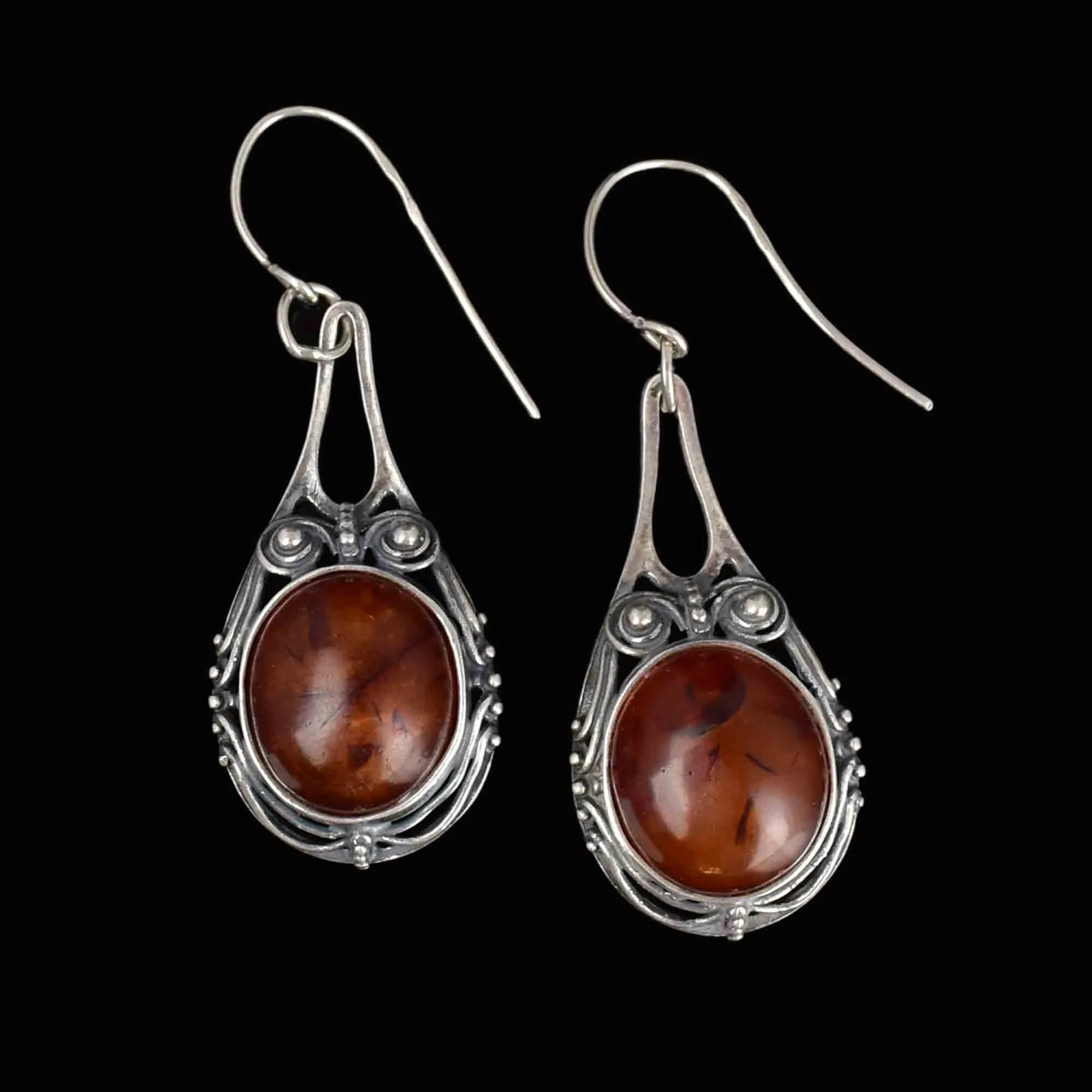 Arts and Crafts Style Silver Scroll Natural Amber Drop Earrings