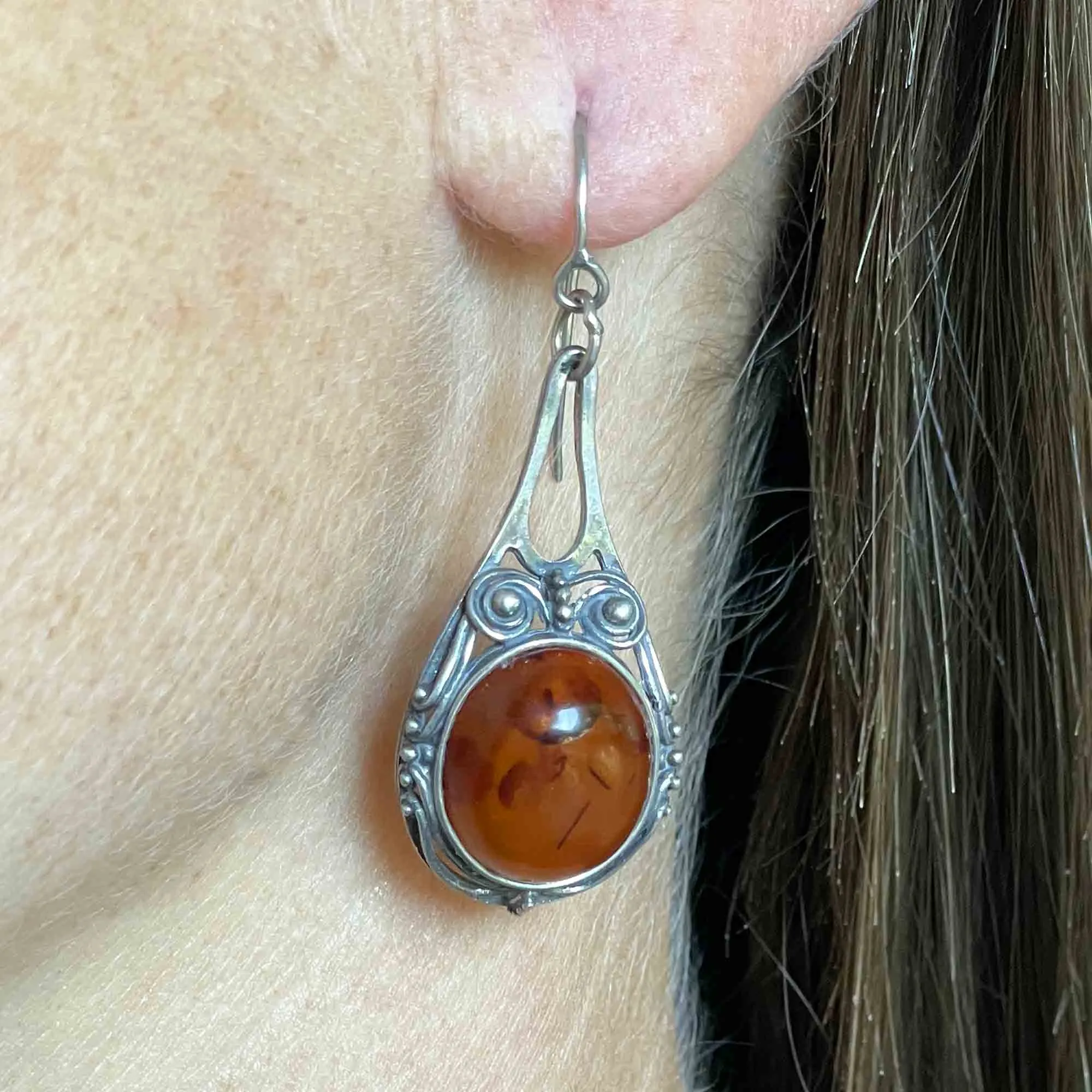 Arts and Crafts Style Silver Scroll Natural Amber Drop Earrings