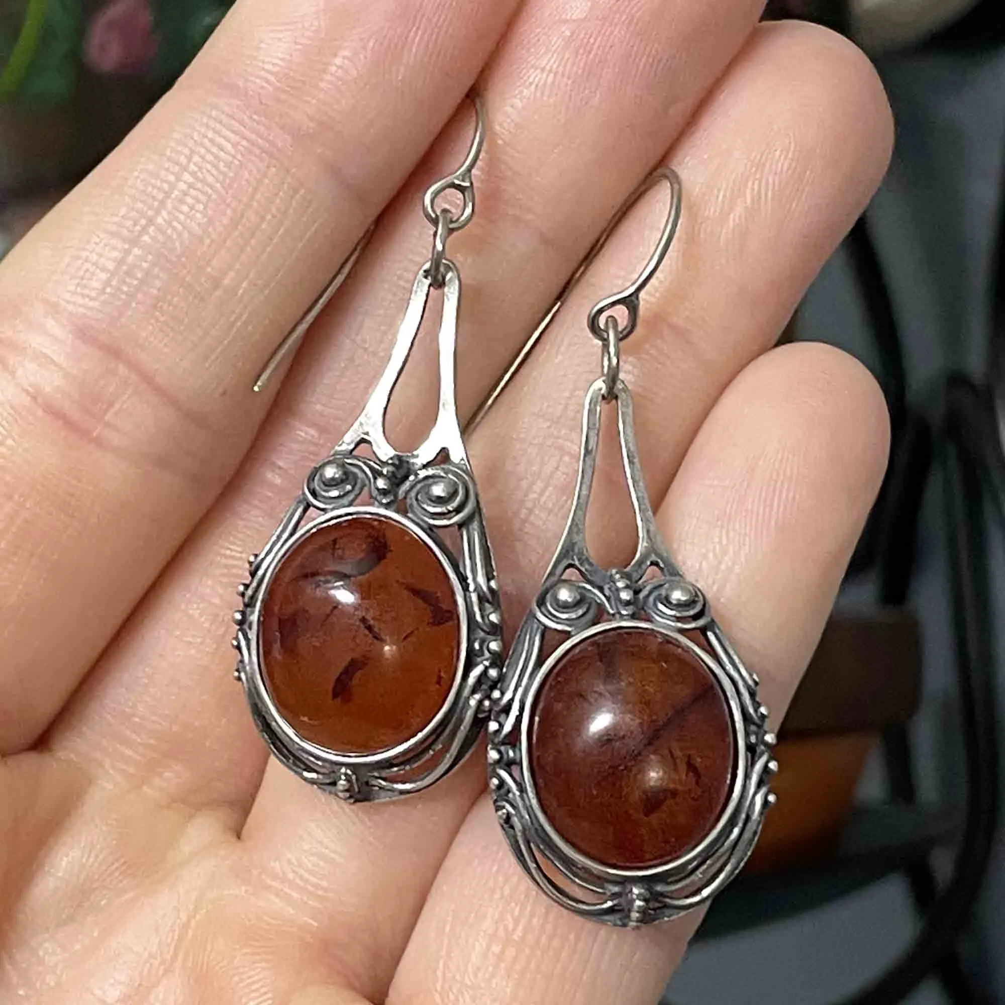 Arts and Crafts Style Silver Scroll Natural Amber Drop Earrings