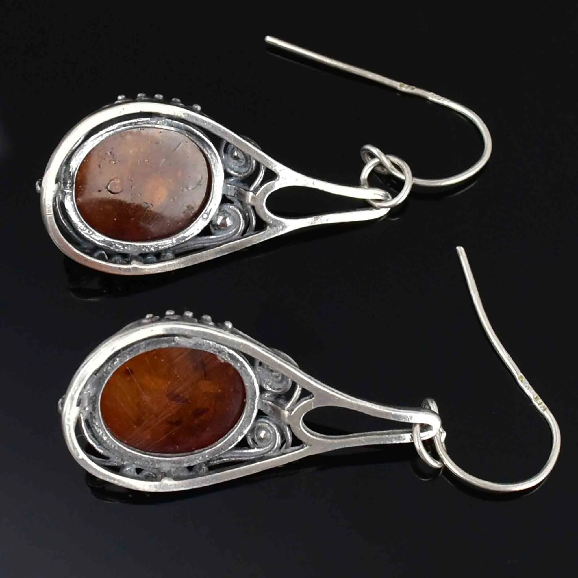 Arts and Crafts Style Silver Scroll Natural Amber Drop Earrings