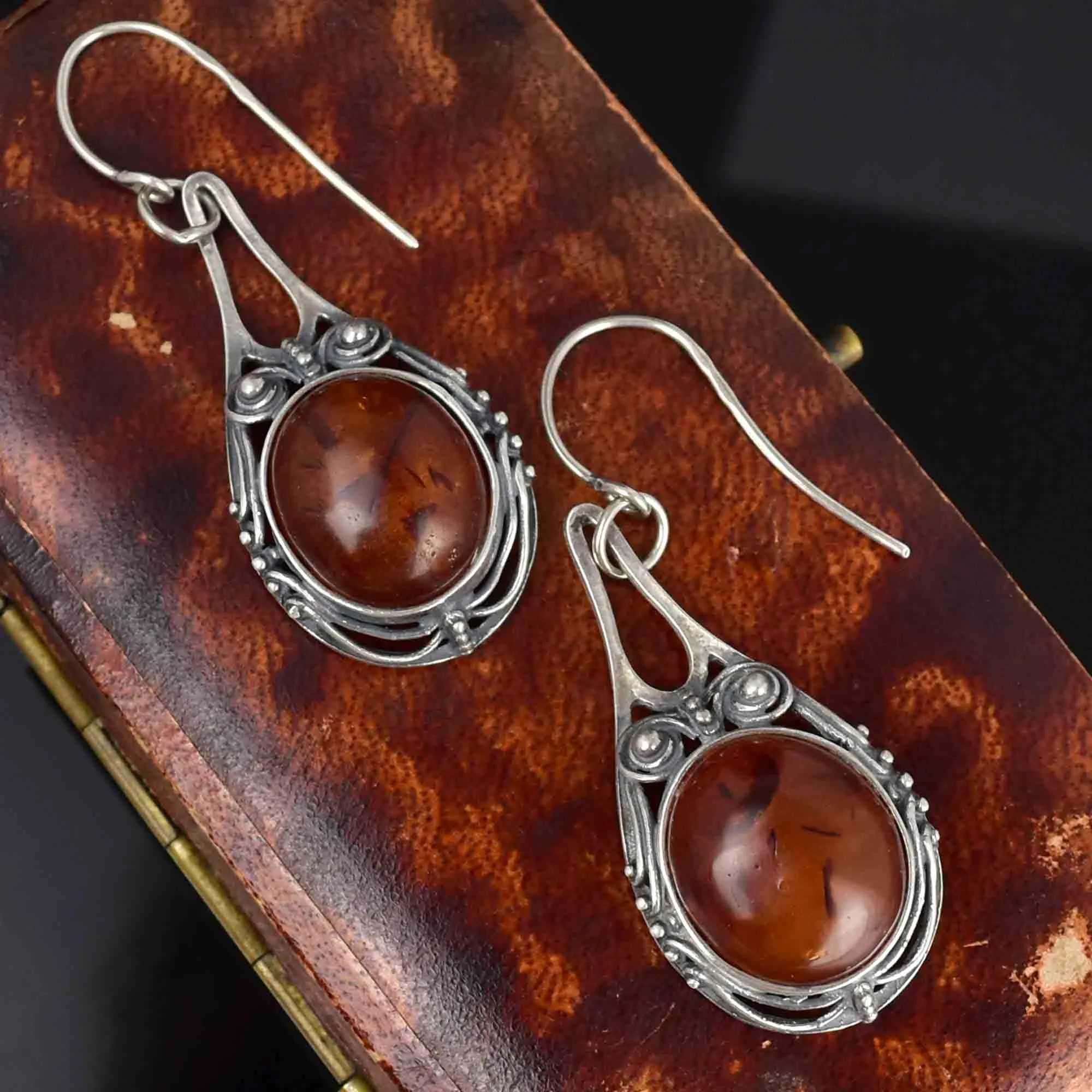 Arts and Crafts Style Silver Scroll Natural Amber Drop Earrings