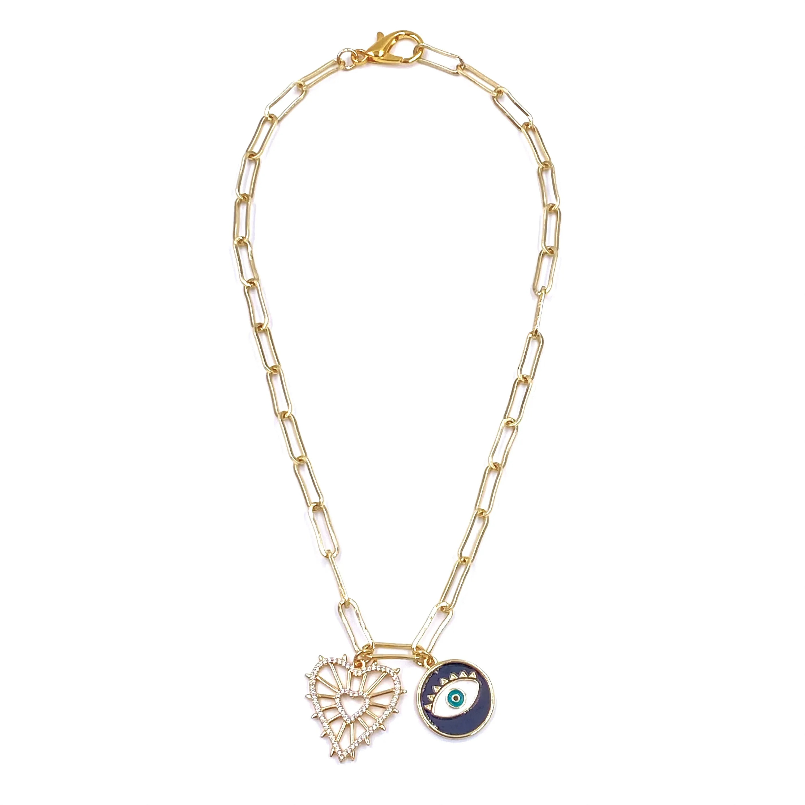 Ashley Gold Stainless Steel Gold Plated CZ Heart And Evil Eye Double Charm Necklace