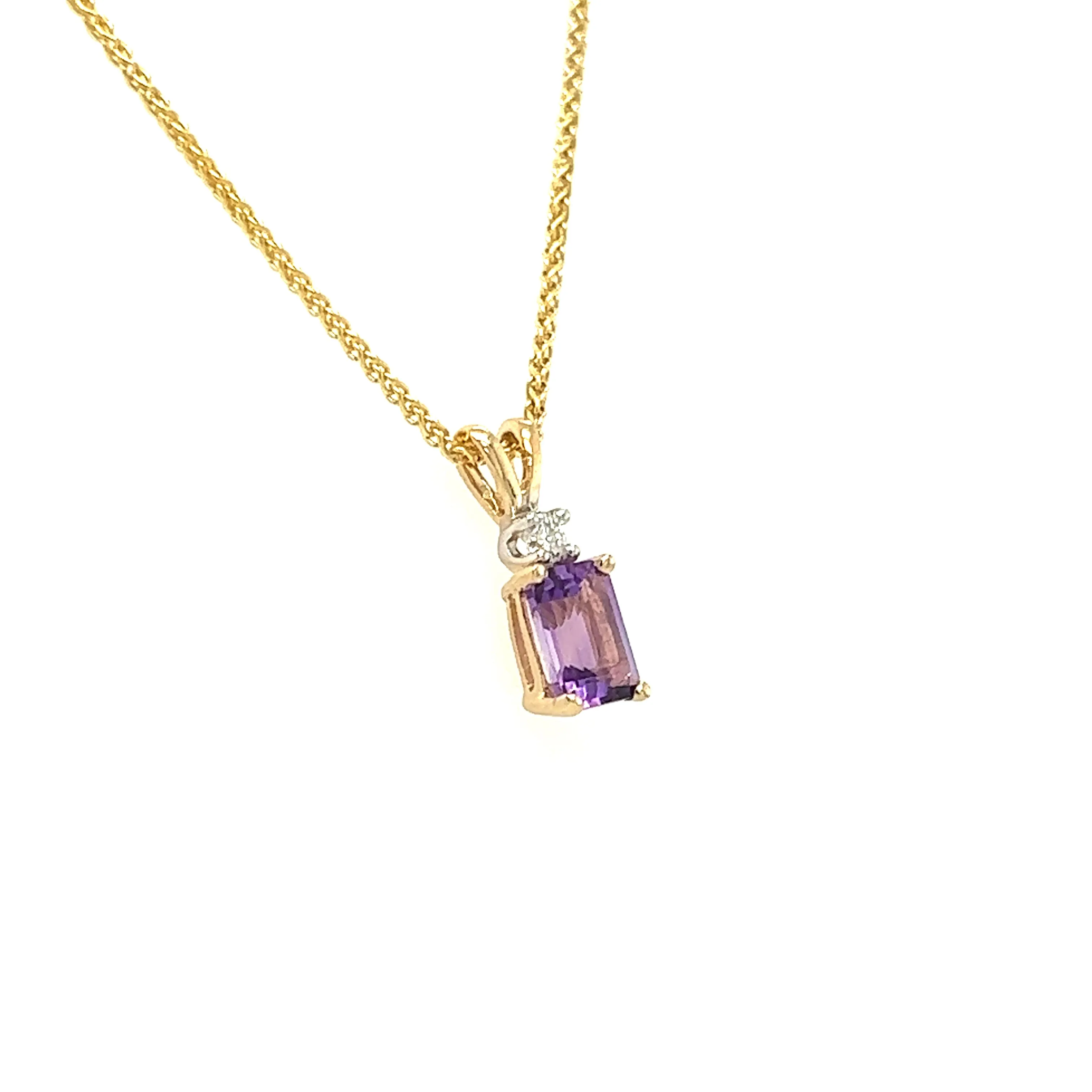 Baguette Amethyst Pendant with Diamond Accent in 14K Yellow Gold