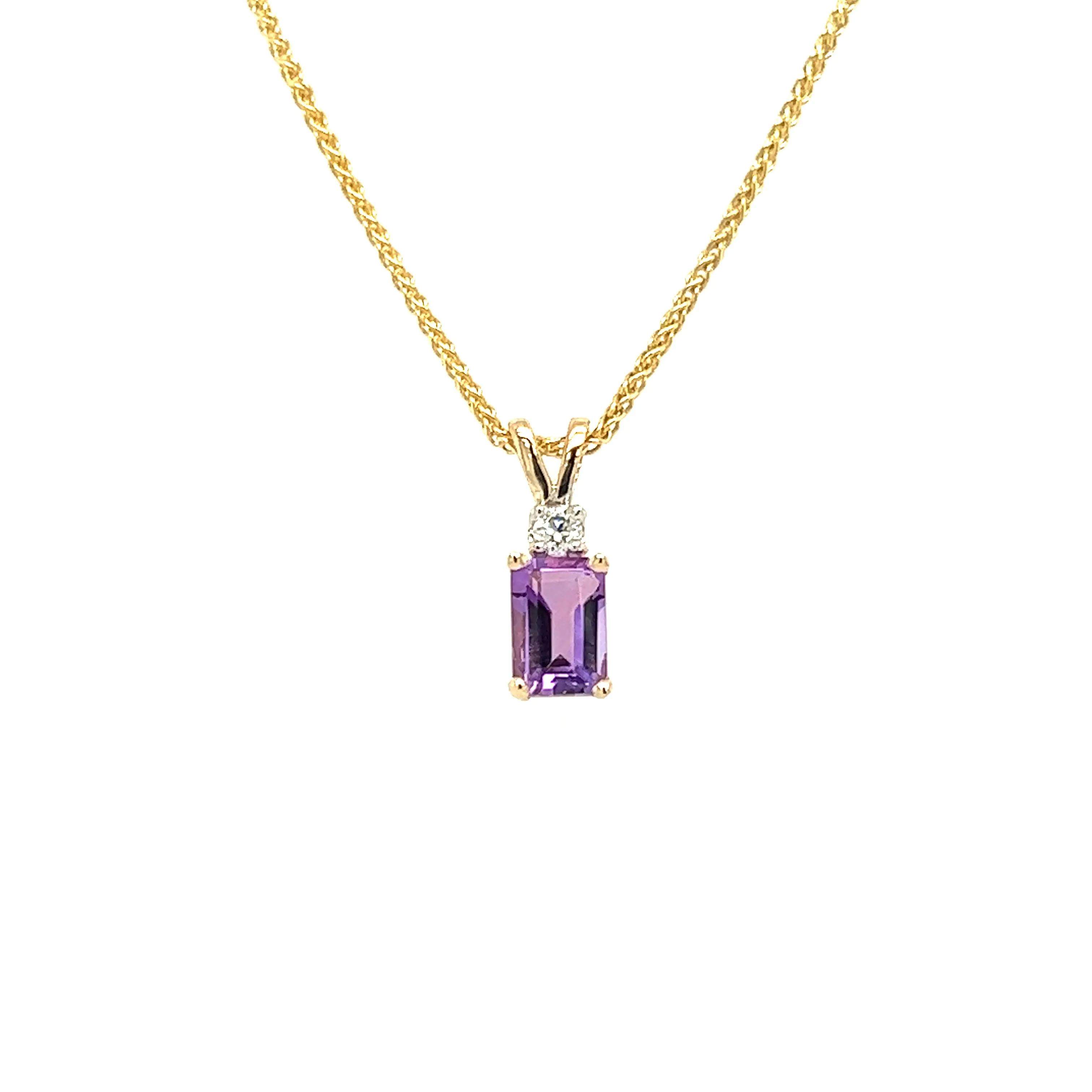 Baguette Amethyst Pendant with Diamond Accent in 14K Yellow Gold