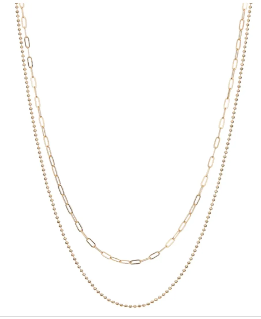 BEADED DOUBLE CHAIN CHARM NECKLACE- GOLD