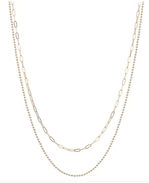 BEADED DOUBLE CHAIN CHARM NECKLACE- GOLD