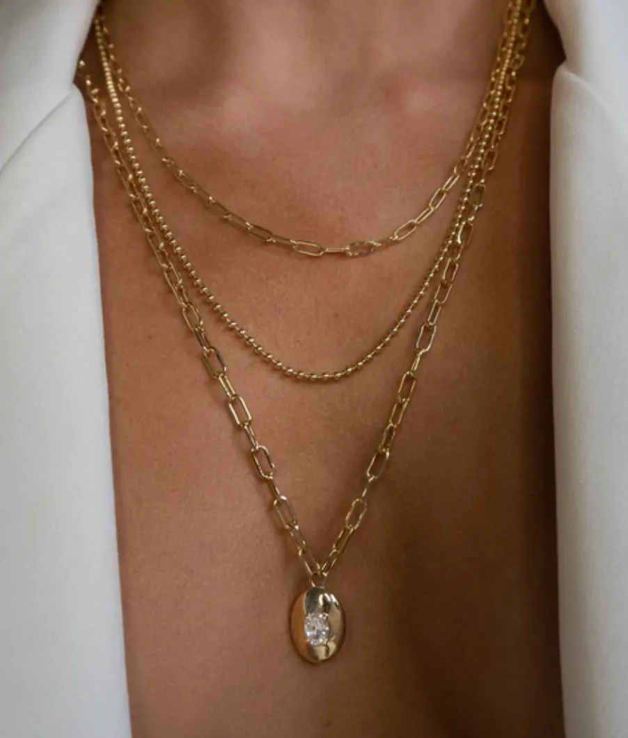 BEADED DOUBLE CHAIN CHARM NECKLACE- GOLD