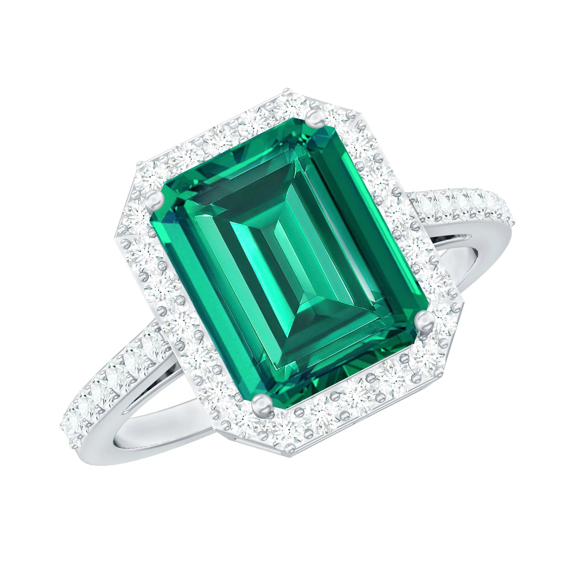 Big Octagon Cut Created Emerald Halo Engagement Ring with Diamond