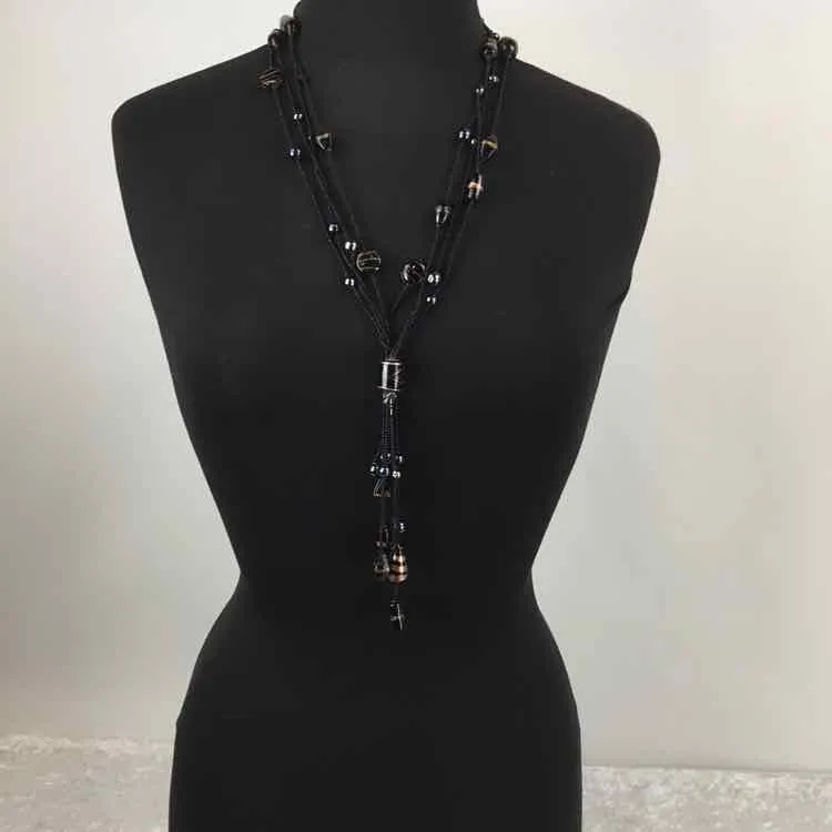 Black/Brown Beaded multi strand Lariat Necklace