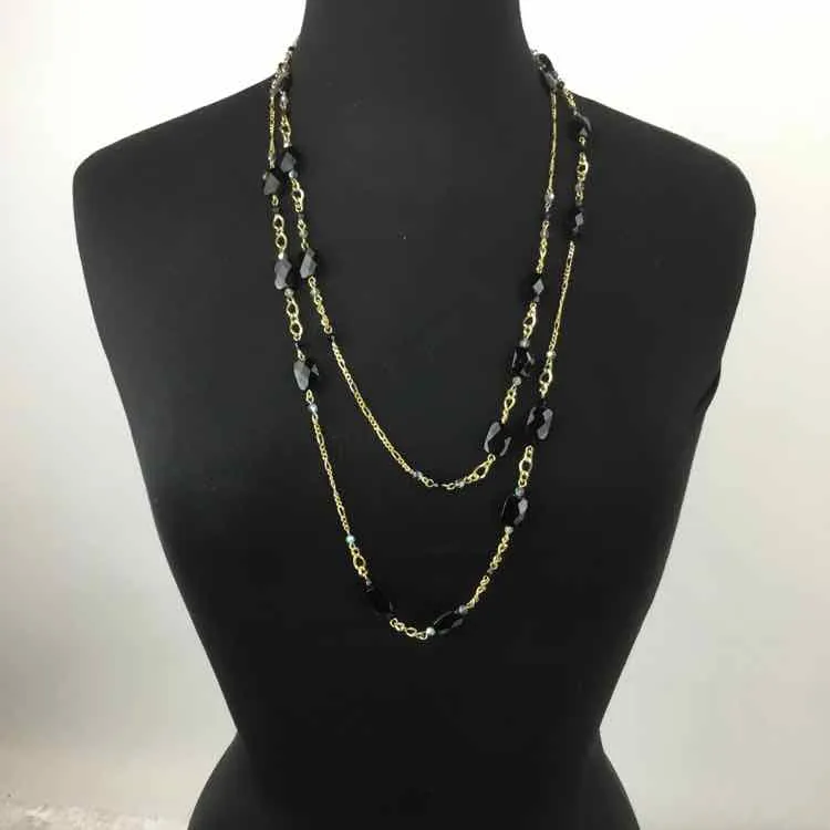 Black/gold Beaded Long Strand Necklace