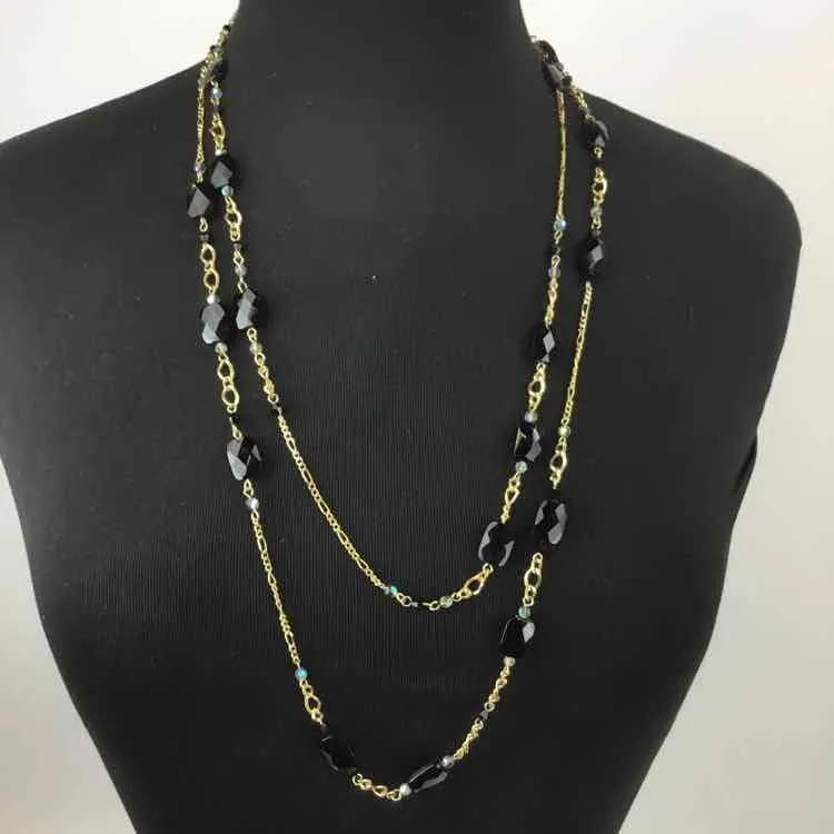 Black/gold Beaded Long Strand Necklace