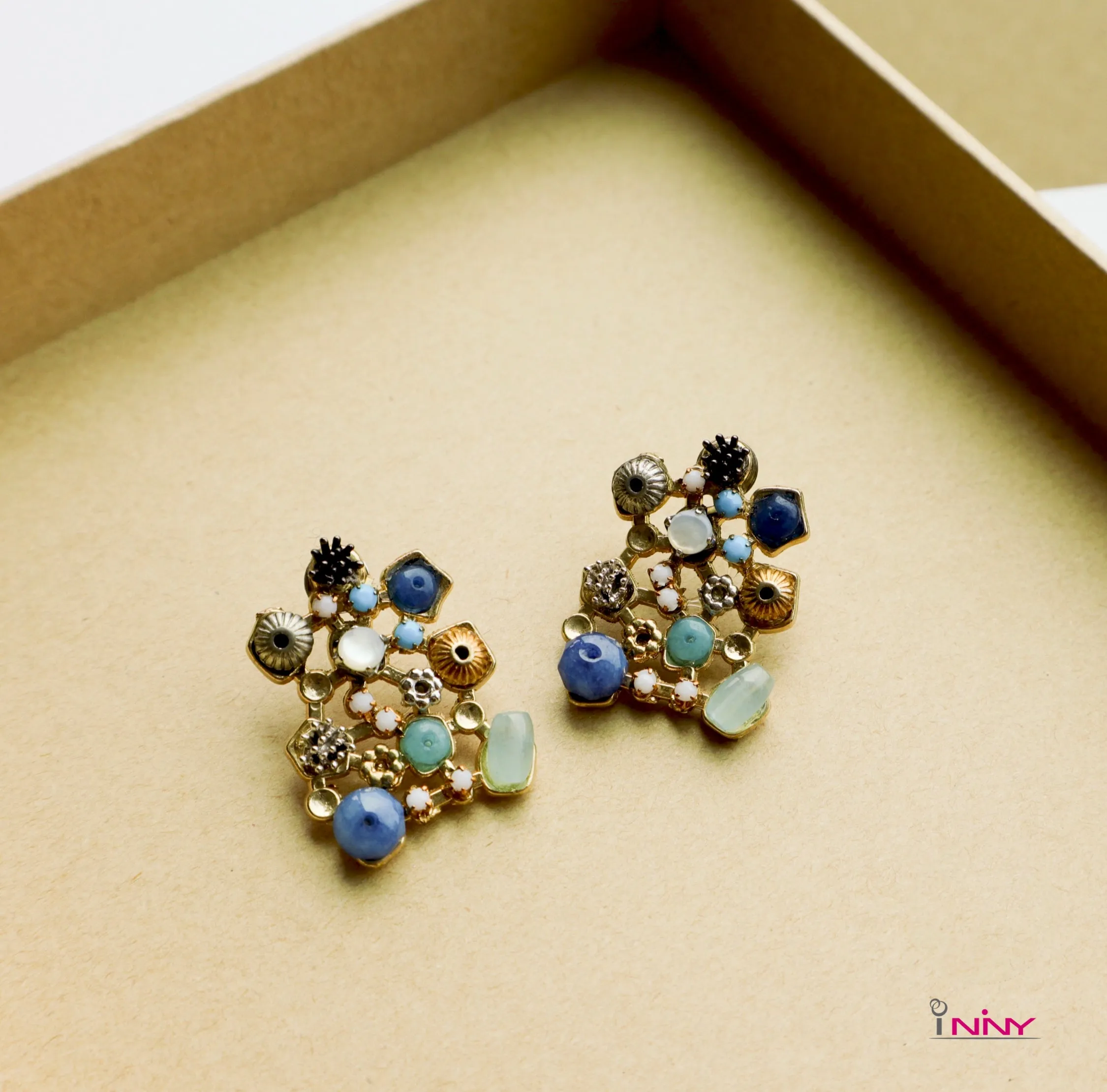 Blue Jigsaw Puzzle Stud Earrings