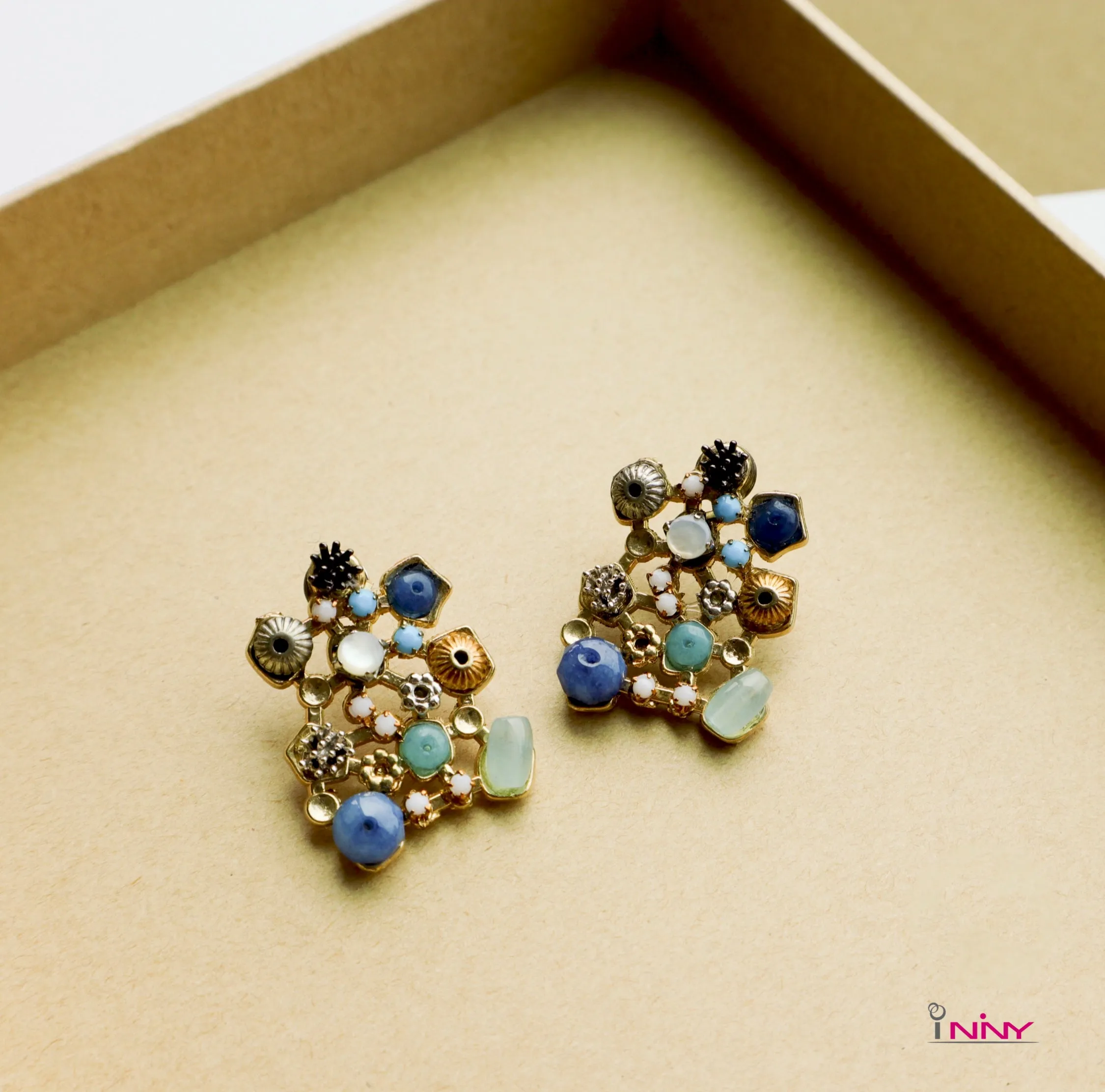 Blue Jigsaw Puzzle Stud Earrings