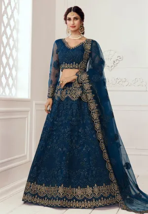 Blue Net Embroidered Wedding Lehenga Choli