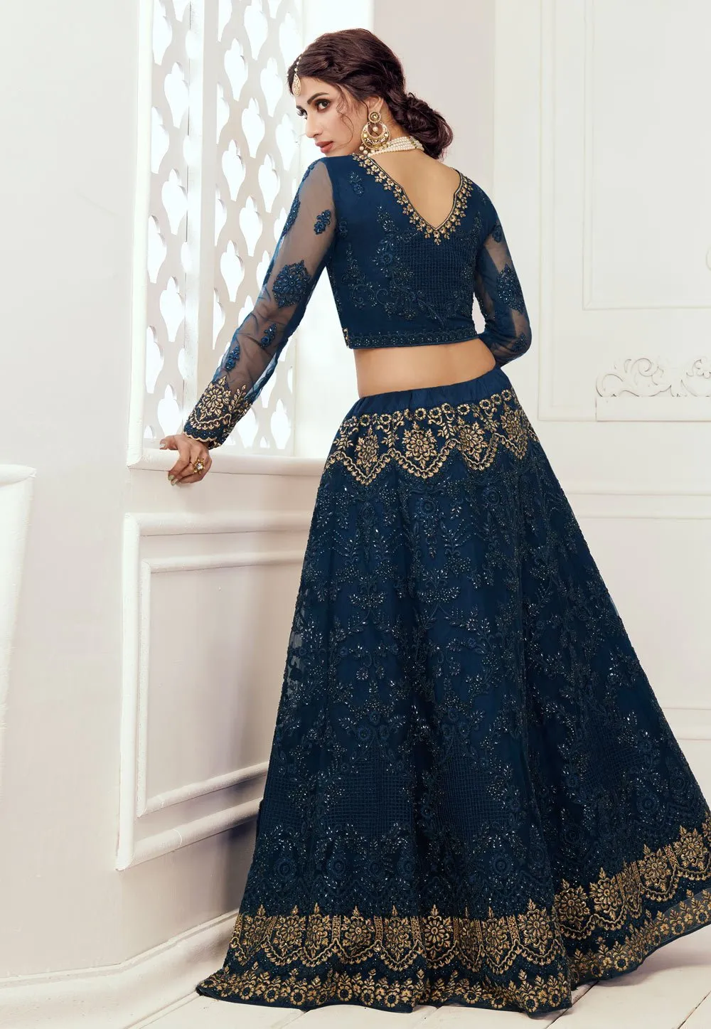 Blue Net Embroidered Wedding Lehenga Choli