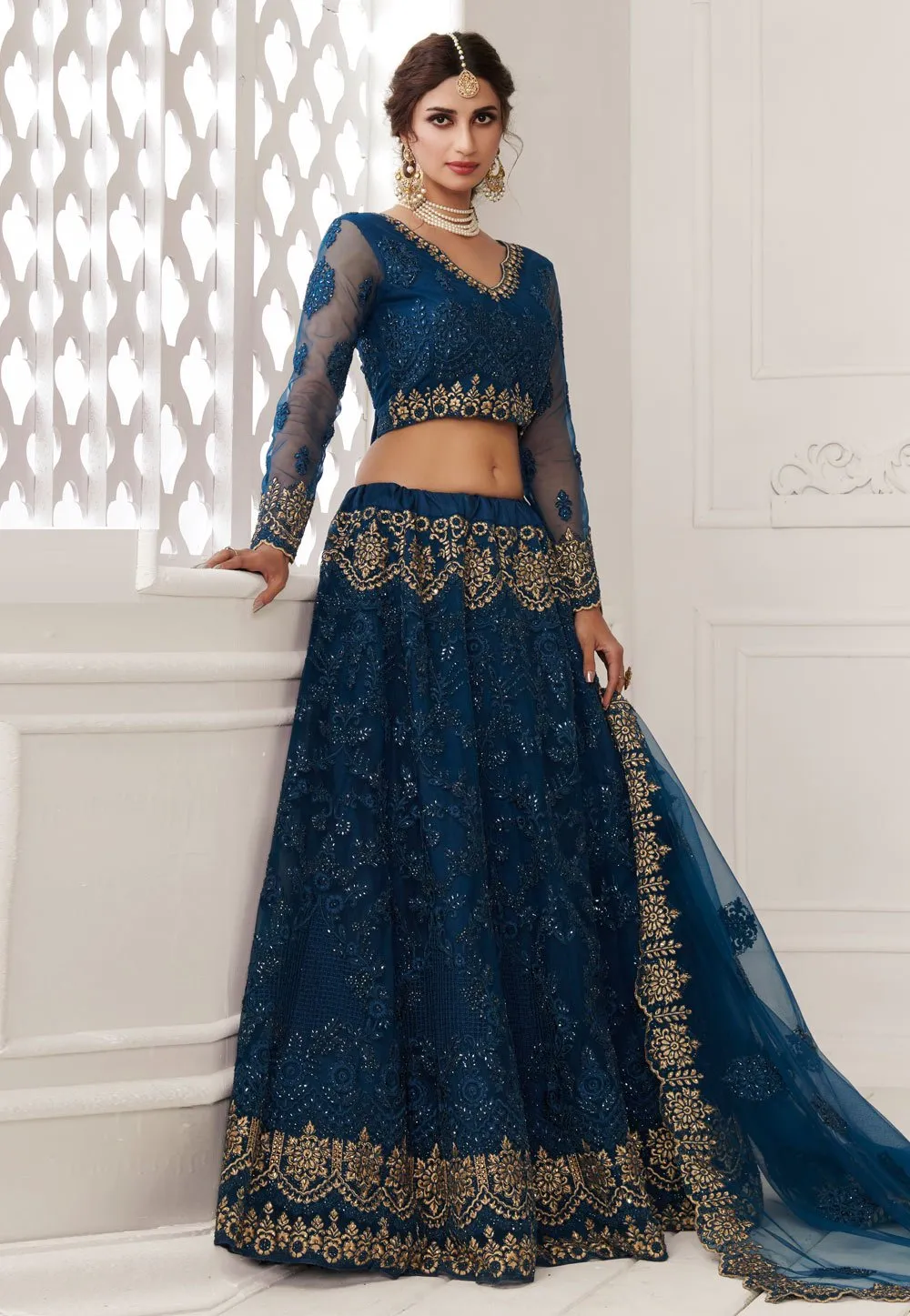 Blue Net Embroidered Wedding Lehenga Choli