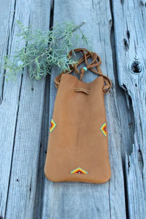 Buckskin leather beaded medicine pouch, large amulet bag