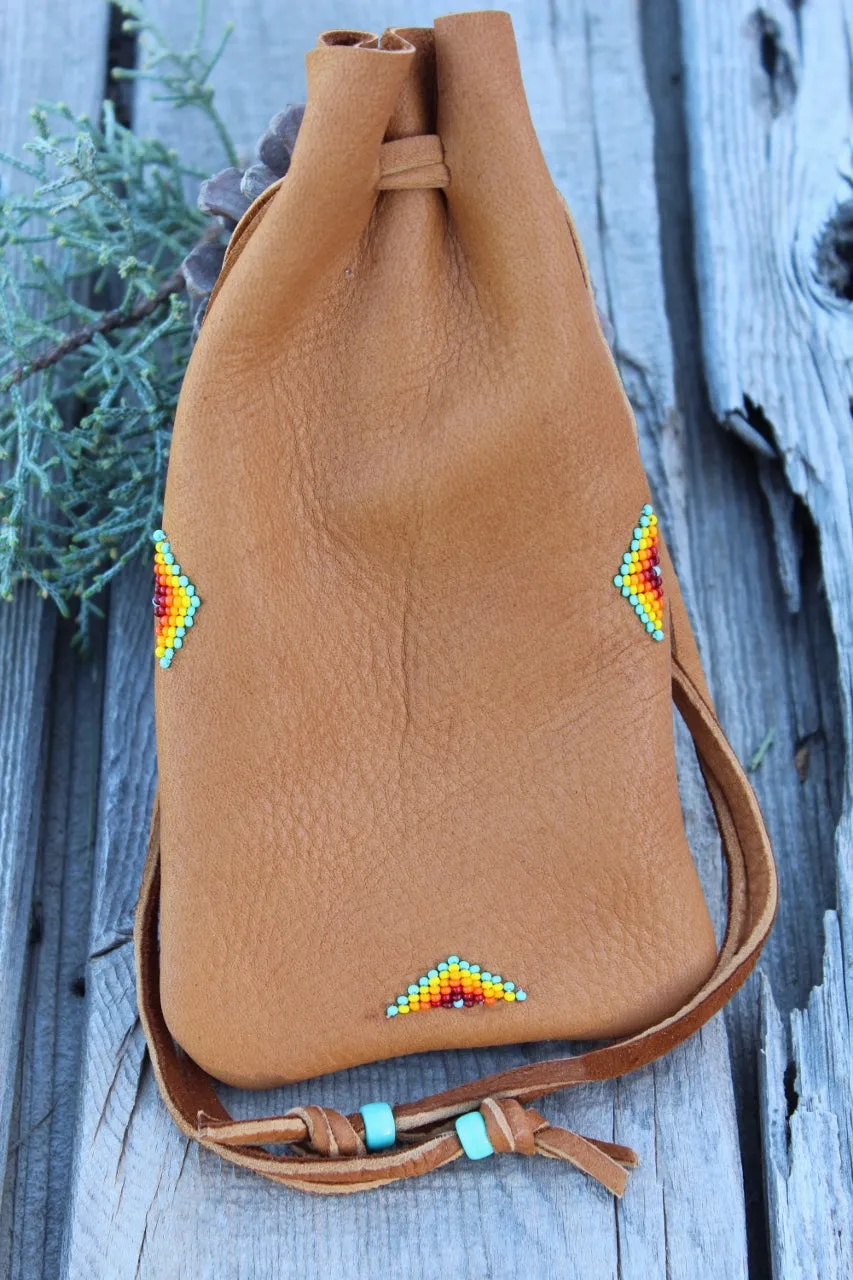 Buckskin leather beaded medicine pouch, large amulet bag