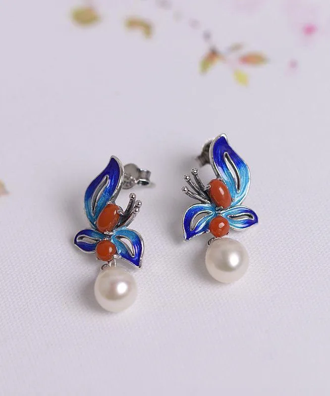 Chic Blue Sterling Silver Cloisonne Jade Pearl Butterfly Stud Earrings TW1052