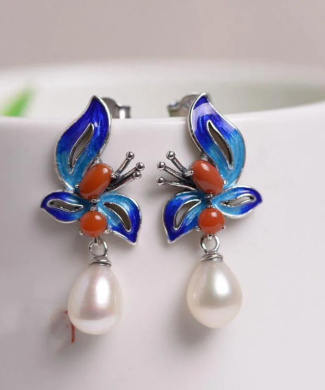 Chic Blue Sterling Silver Cloisonne Jade Pearl Butterfly Stud Earrings TW1052