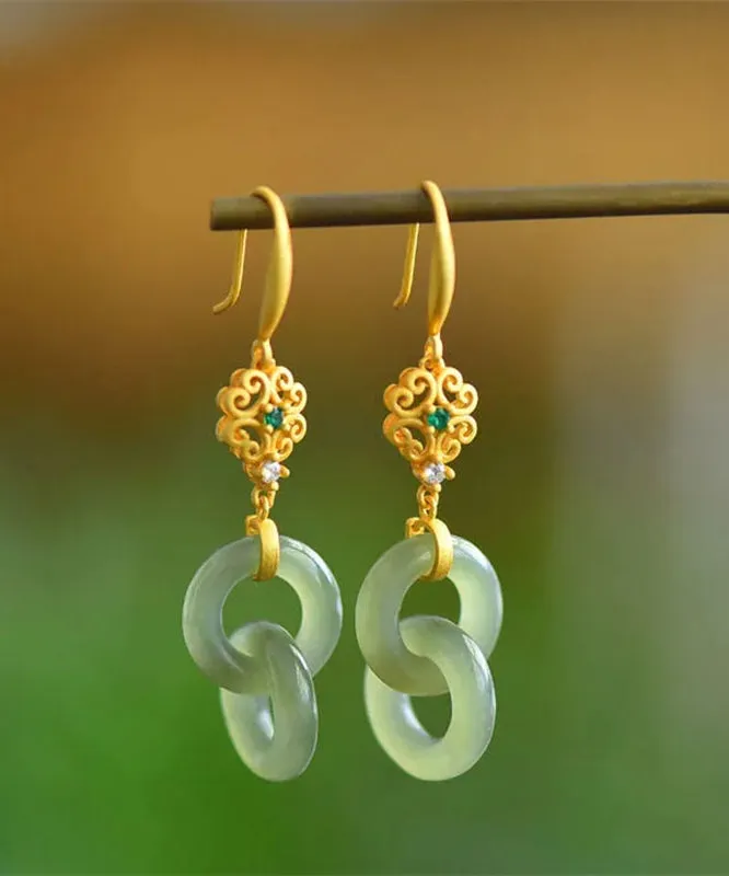 Chic Light Green Sterling Silver Overgild Double Ring Jade Zircon Drop Earrings GH1020