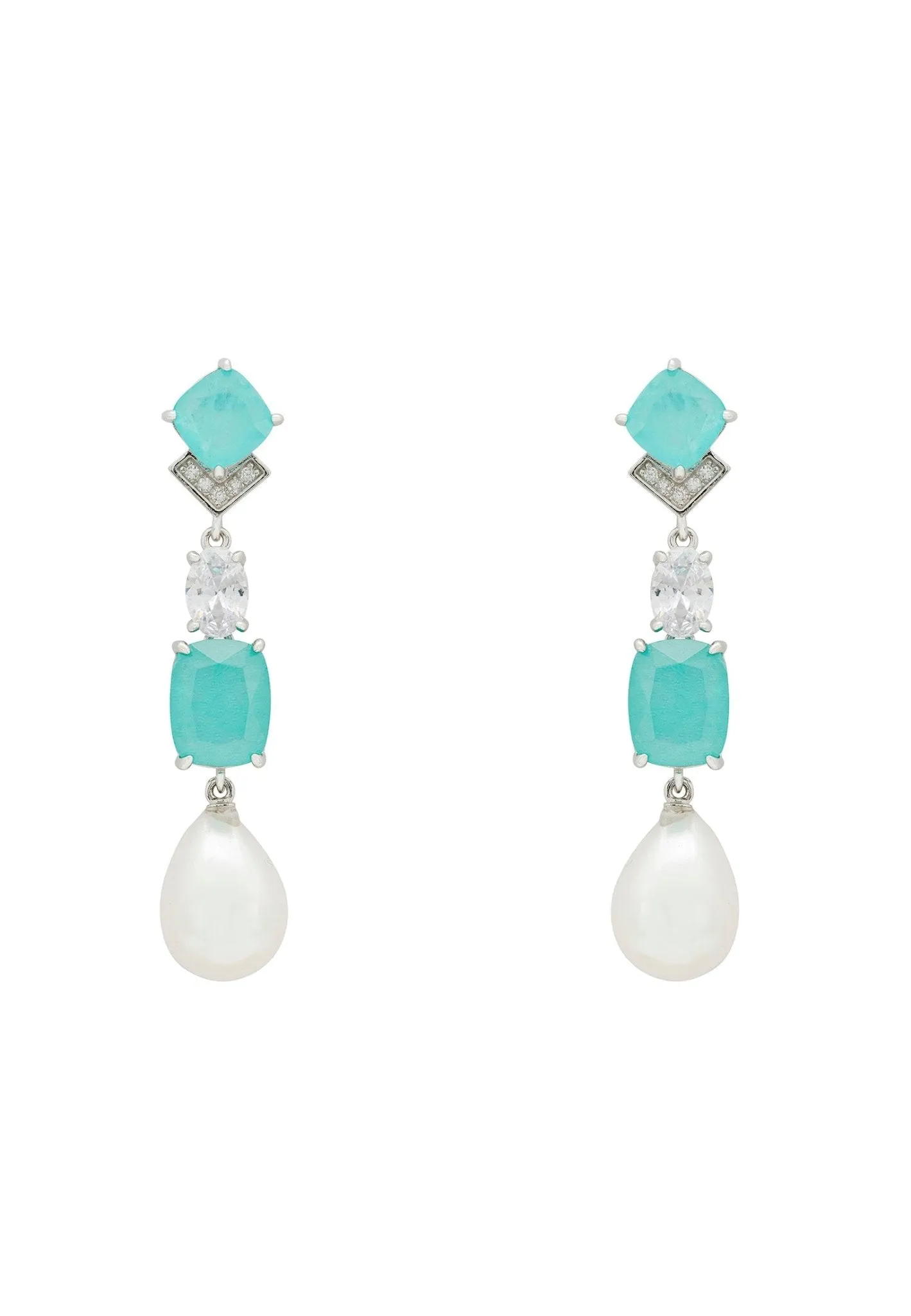 Cordelia Pearl & Paraiba Tourmaline Blue Long Drop Earrings Silver