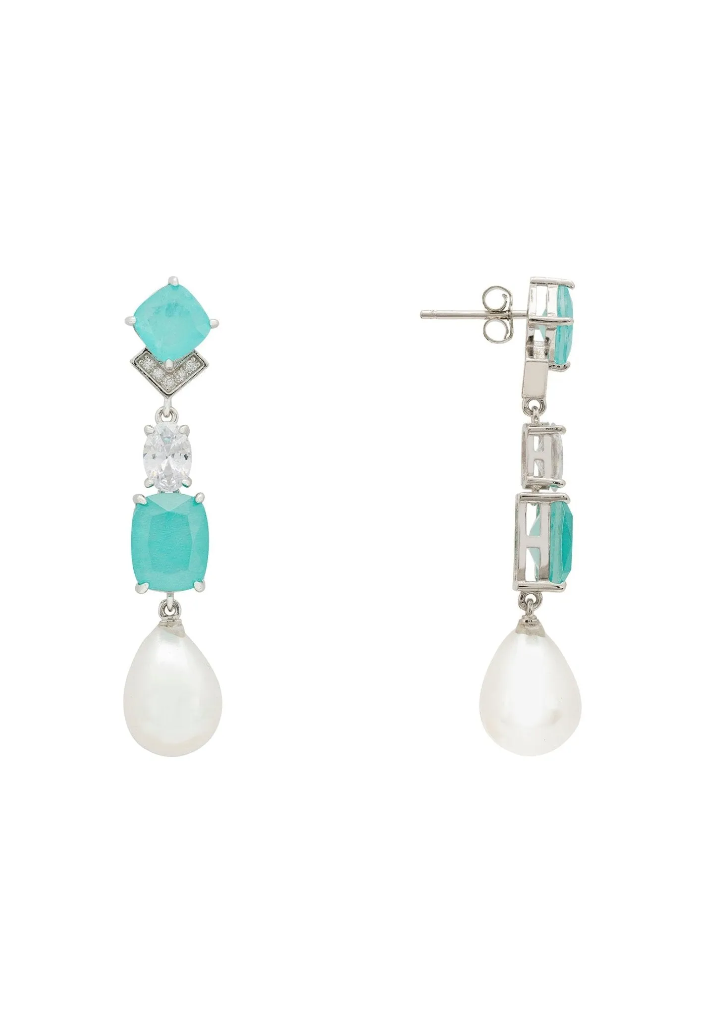 Cordelia Pearl & Paraiba Tourmaline Blue Long Drop Earrings Silver