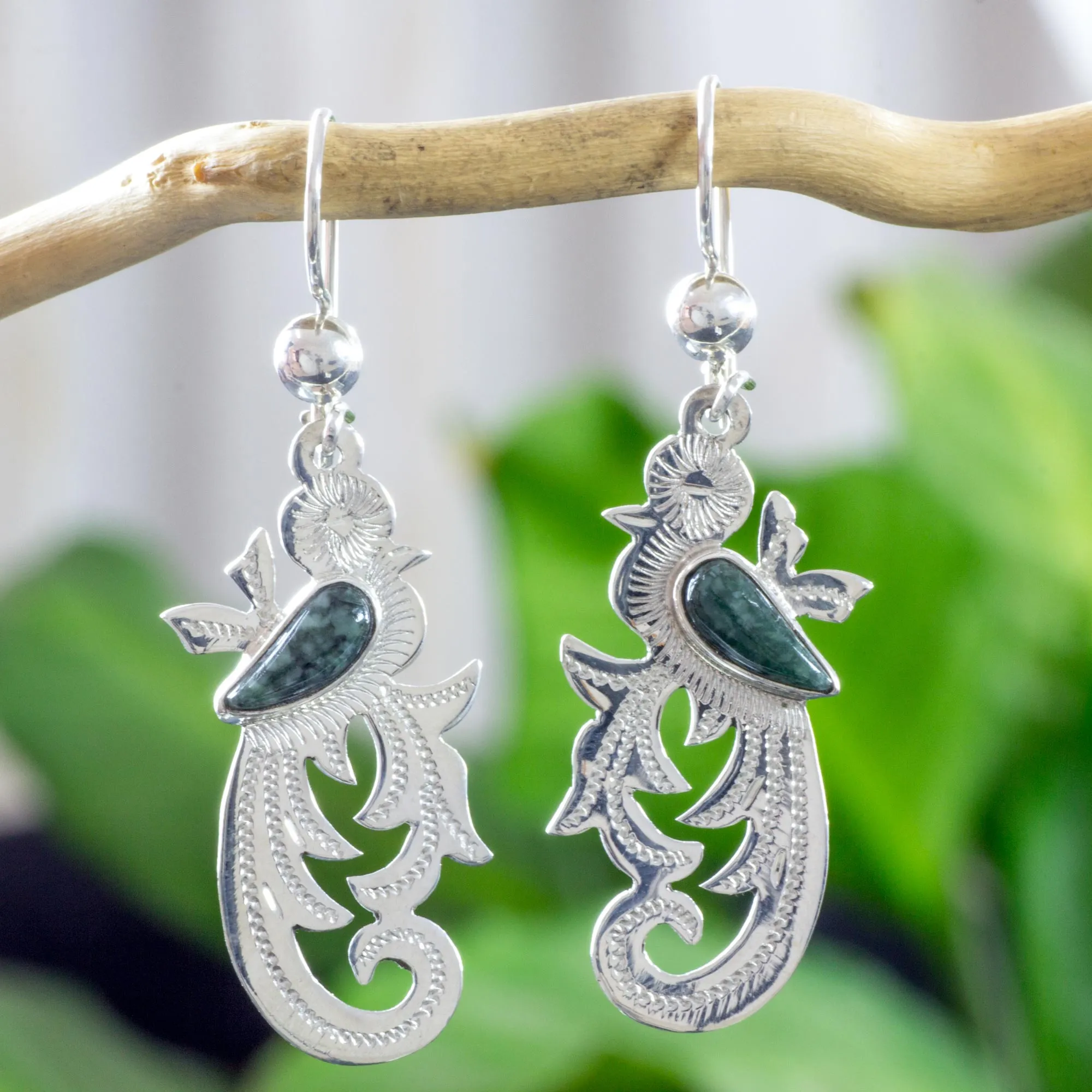 Dark Green Jade on Handmade Sterling Silver Bird Earrings - Forest Quetzal | NOVICA