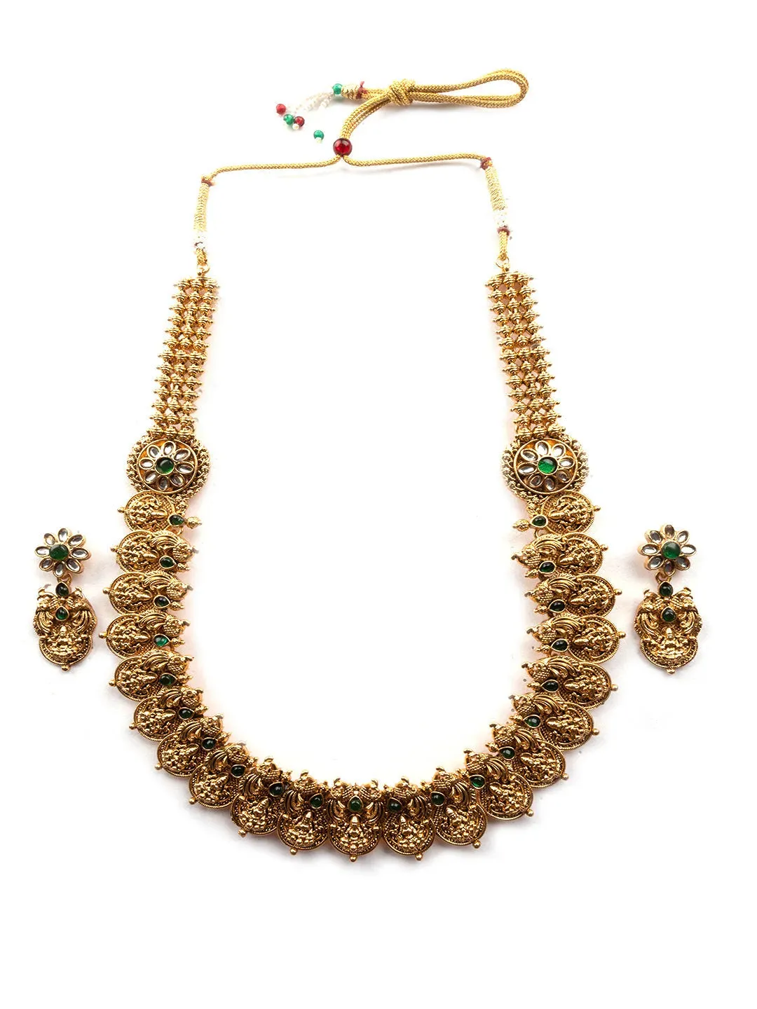 Designer Green Kemp Studded Coin Long Necklace Set