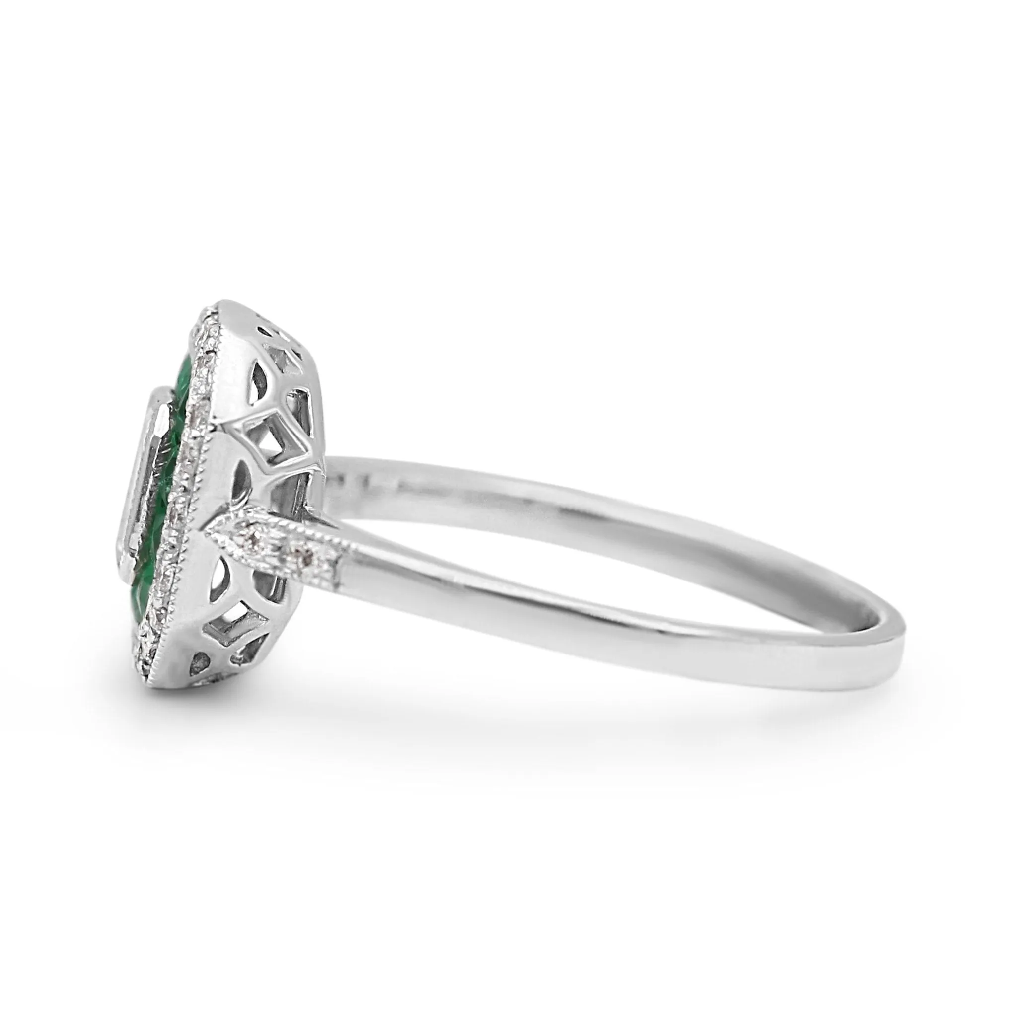 Diamond & Emerald Target Cluster Ring With Diamond Shoulders In Platinum