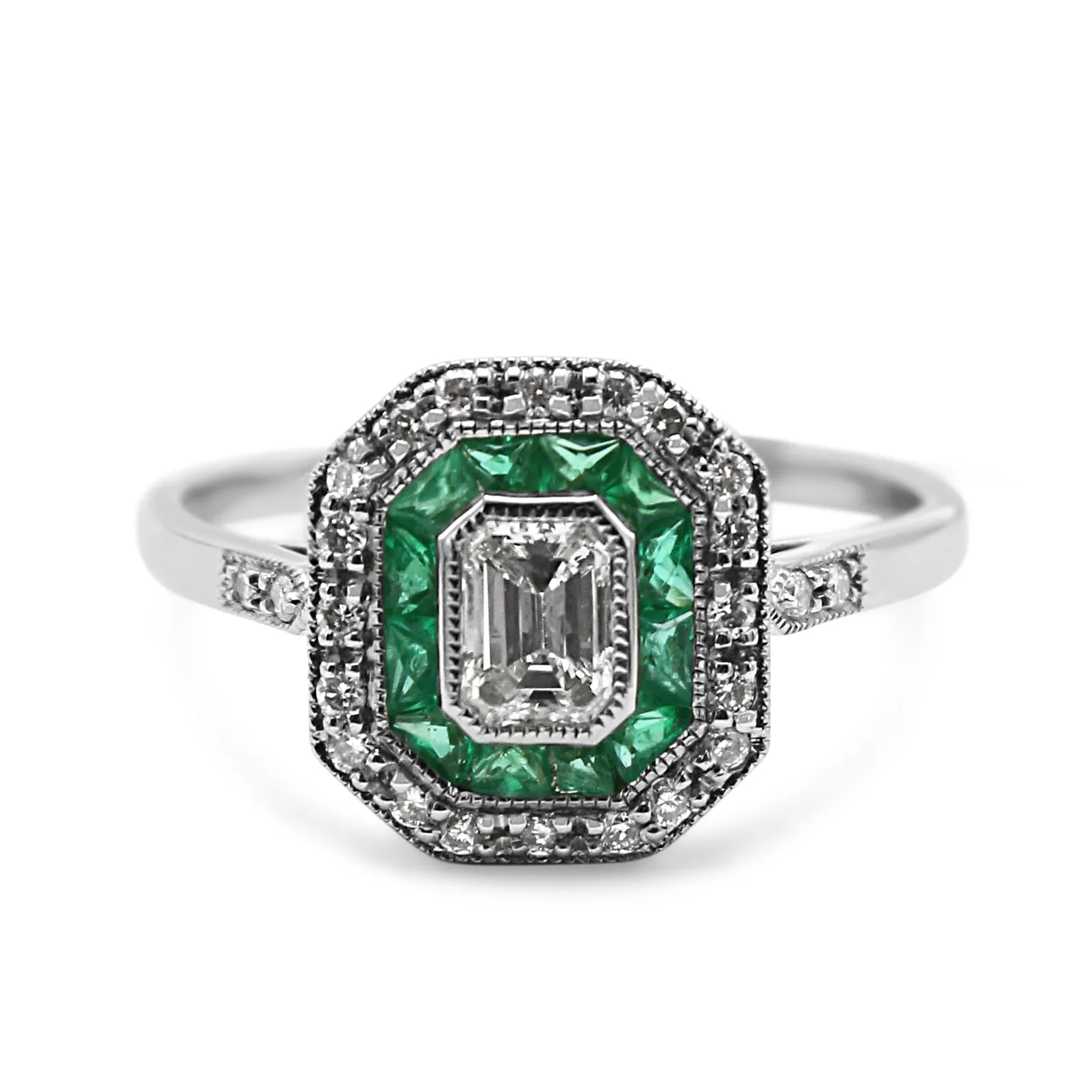 Diamond & Emerald Target Cluster Ring With Diamond Shoulders In Platinum