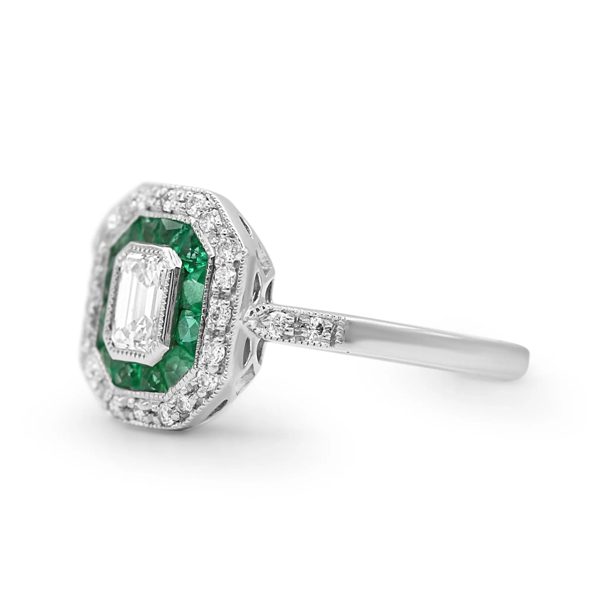 Diamond & Emerald Target Cluster Ring With Diamond Shoulders In Platinum