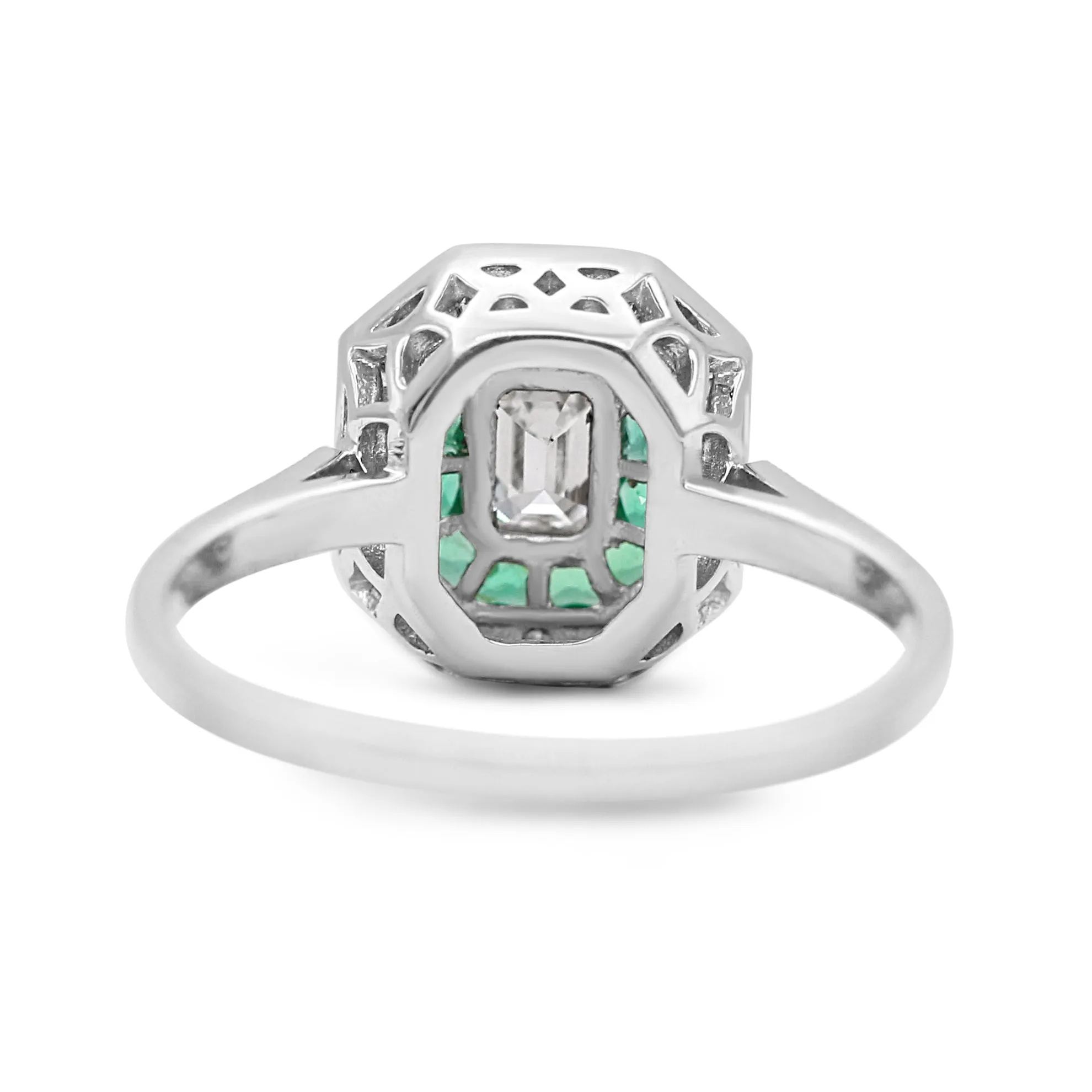 Diamond & Emerald Target Cluster Ring With Diamond Shoulders In Platinum