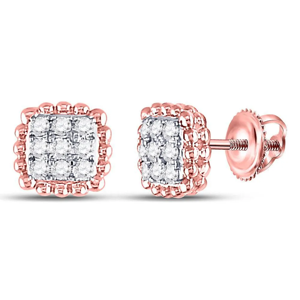 Diamond Square Cluster Earrings 10k Rose Gold 1/4 Cttw Screw Back