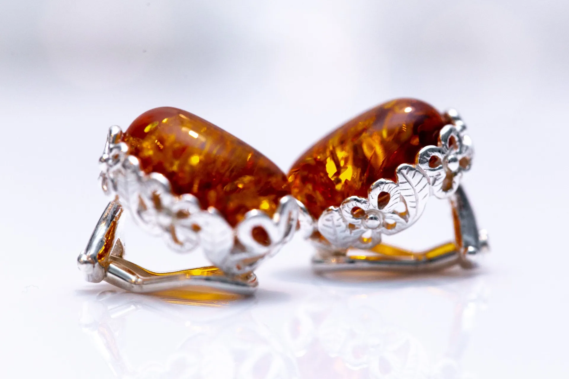 Elegant Floral Frame Oval Amber Clip On Earrings for Non-Pierced Ears | Sterling Silver & Baltic Amber