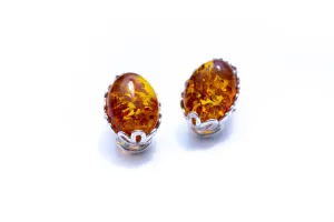 Elegant Floral Frame Oval Amber Clip On Earrings for Non-Pierced Ears | Sterling Silver & Baltic Amber